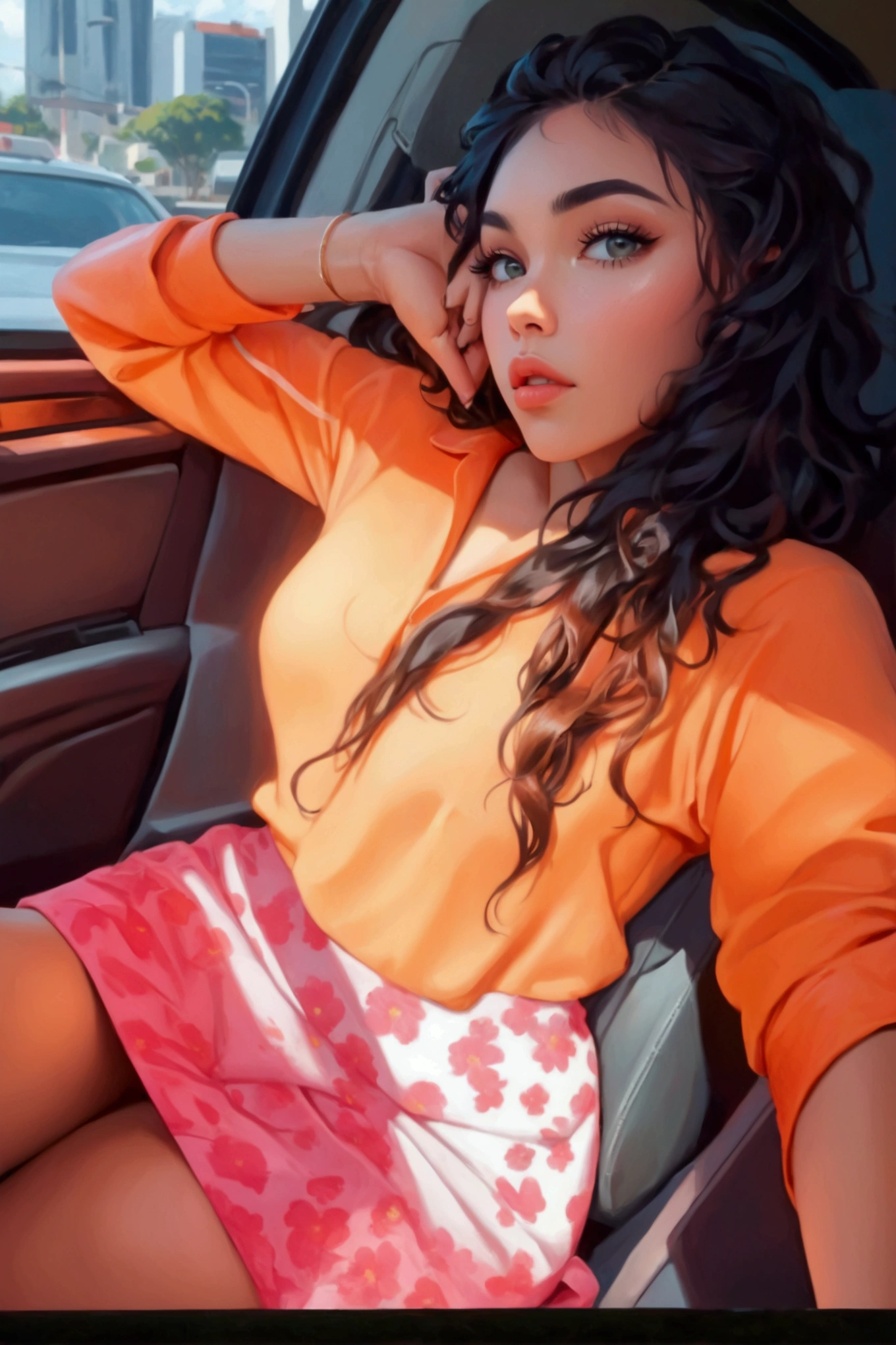 There is a woman sitting in a car with her hand on her head, sitting in her car, madison beer as leeloo, Profile picture, Iván Talavera and Artgerm Style, arte the fan, Beautiful work of art, how much, mixed art, clear skin, Profile picture, profile picture, cute beautiful, beautiful avatar photos, Leaked image