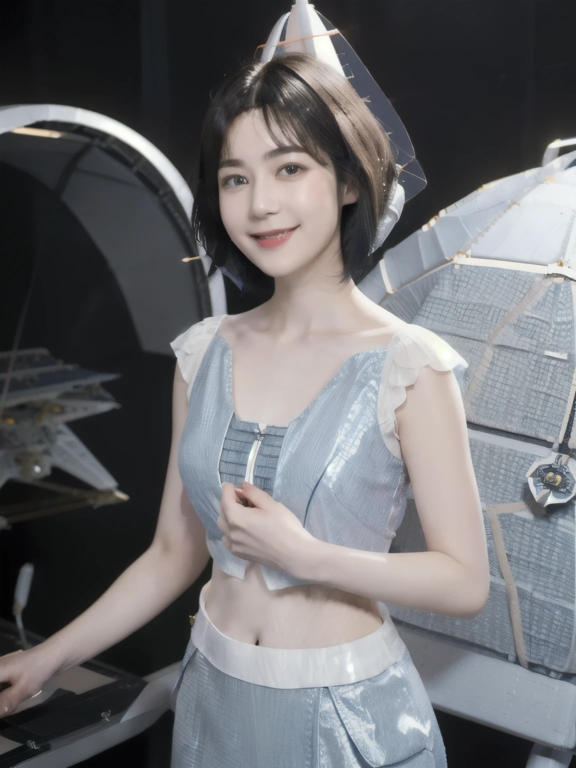 268 (20-year-old princess,Are standing), ((short hair:1.46)), (chest:1.46), Old-fashioned smile, (flower), (Spaceship:1.46)