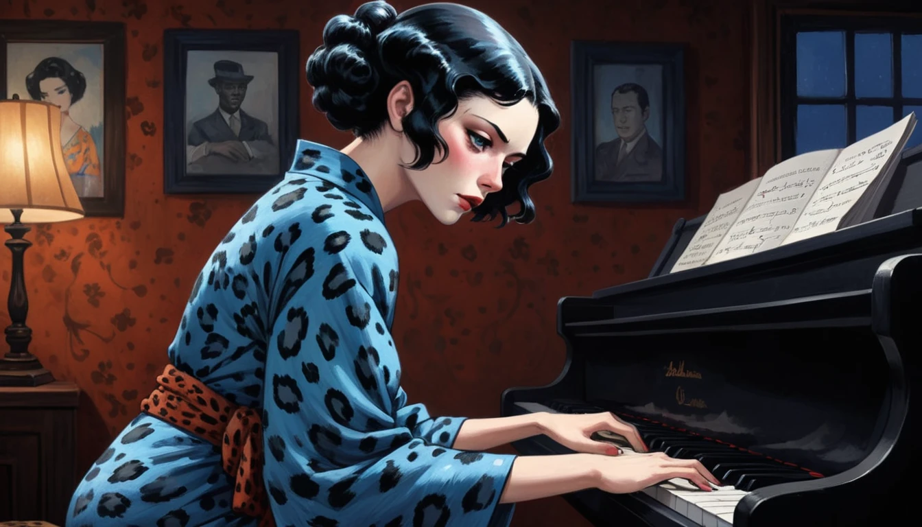 robert johnson, gritty, alabama bar, blue note, charismatic , leopard skin dress, illustration, noir fantasy, lone lady, sad ending, japanese kimono woman pianist blues bluesmusic blues bar sad feeling
