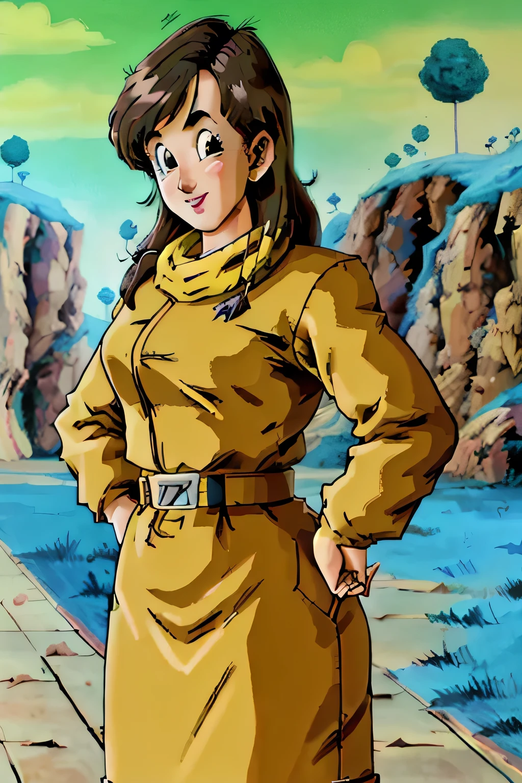 8k, Best Quality, Very detailed, realistic face, semi-realist, Bulma from Dragon Ball, long dark brown hair, slim figure with wide hips, smiling warm expression, outdoor, namek trees background.