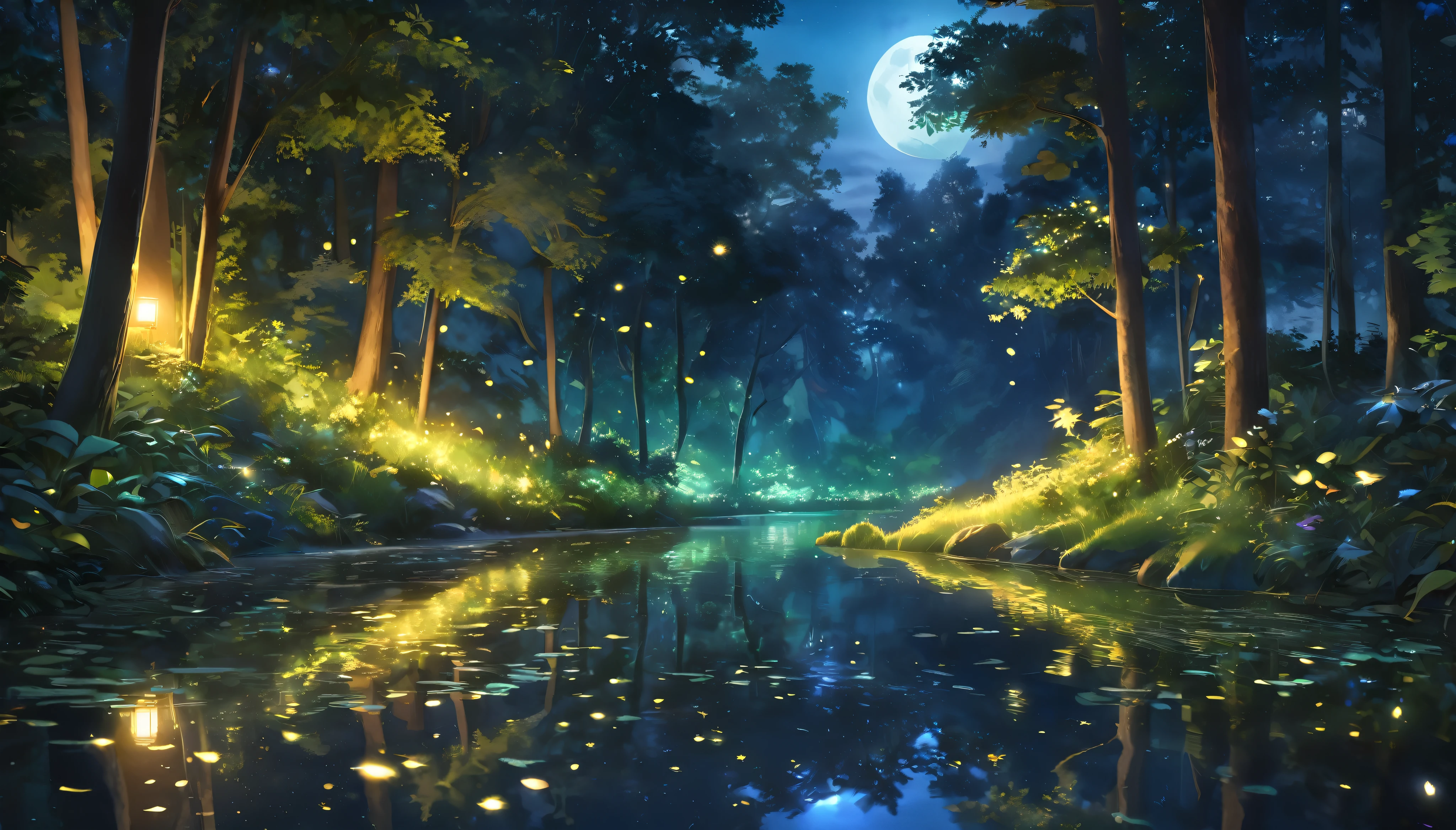 a beautiful anime landscape, a small forest spring at night, glowing fireflies, magical moonlight, serene atmosphere, lush greenery, detailed foliage, tranquil water, reflections on the surface, ethereal lighting, vibrant colors, painterly style, (best quality,8k,highres,masterpiece:1.2),ultra-detailed,(realistic,photorealistic,photo-realistic:1.37),intricate details,cinematic composition,dramatic shadows,warm color palette