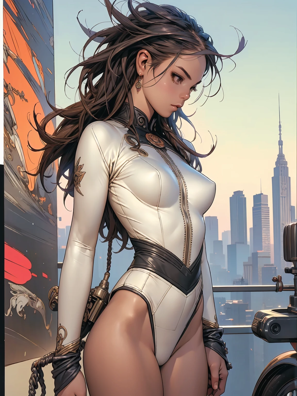 (((best final quality))), ssmile(((standing alone:1.2))),(((1 girl:1.2))),((((beautiful perfect woman)))),(((perfectbody detalhado, perfect finger detailed))),((((((final film poster)))))),(((to burst, close up))),((((detailed complicated machine)))),(((((mechanical genius))))),(((American comics))),(((extreme highlights))),(((extremely colorful, primary colours))),neckleace, super beautiful lady,(((Typography))),text, (Unbeatable masterpiece), (hiper HD),(CG 8k hyper-realistic), (((brave face))), (((breasts big))), (((hyper feminine))), (((musclegirl))), sexly girl, king of fighter,(straight hair with thin braids)), ((( sculptural body ))), (((1 girl))), garota de 25 anos com perfectbody,,Beautiful and well-groomed face,muscular body:1.2,solid color detailed jacket, (Head to thigh photos), Complex equipment, (((standing alone))), pirralha violent, ((())), sexly, pose de atitude, work of art, post-apocalypse, (((manga style))), bounty hunter, violent, Manic, the way you want, slenderbody, thin but strong, perfectbody, roupa moderna, advanced technology, neon, sleeves with vertical striped pattern, intricate background, (( cowboy shot )). intricate visual