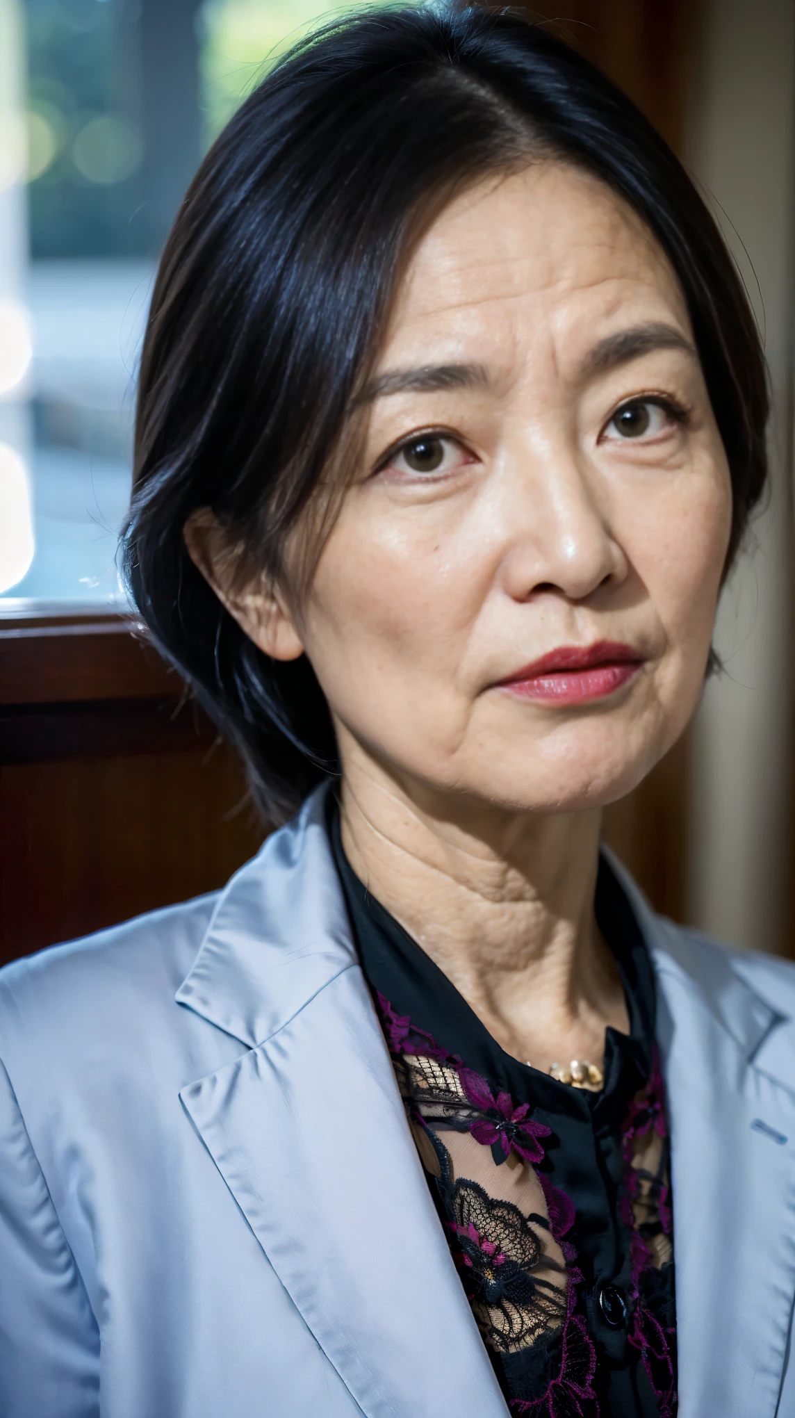 masterpiece, ((Depth of written boundary)), 32K, Beautiful finish, Face close-up, Beautiful mature woman, 65-year-old woman, Photo of your ID, Business Person, ceo, View from the front, Aunt, A disdainful look, Cool look, Red lips, Thin lips, suit, Light from the front,