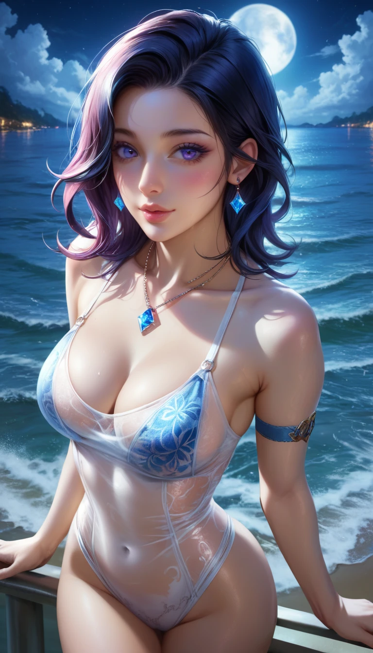 score_9, score_8_superior, score_7_superior, A masterpiece in 32K resolution,Highest quality,it is really amazing,Very detailed,Ultra-high resolution,Ultra-realistic,Realistic,Increased depth of field,Cinematic lighting,
Elegant Japanese woman,
black straight medium hair,Ultra-detailed and beautiful face,Gentle expression,Translucent white skin,Realistic skin texture,
Sexy Swimwear,
Bold design,Artistic design,Beautiful and detailed pattern,Detailed fabric texture,
Gorgeous necklace,Earrings,
Coastline at night,Giant Moon,Dark clouds floating in the dark night sky,
High angle,