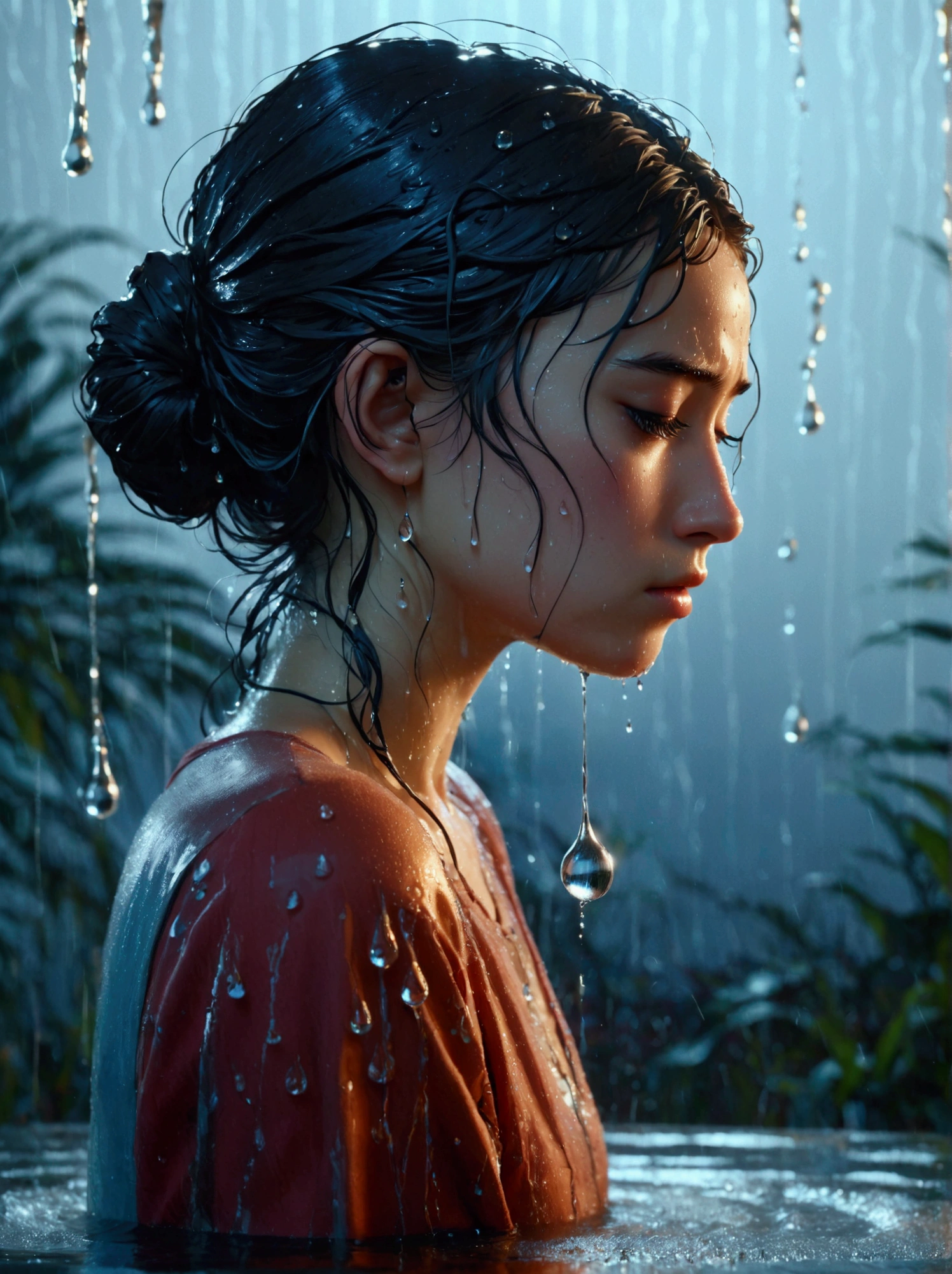 An image of a person showing despair with large water droplets splashing dramatically in the background. The individual is depicted in a posture of sadness, their head bowed slightly and their eyes brimming with tears. The backdrop is a tableau of elemental energy, with water droplets caught in mid-air, glinting, and creating an atmospheric setting.