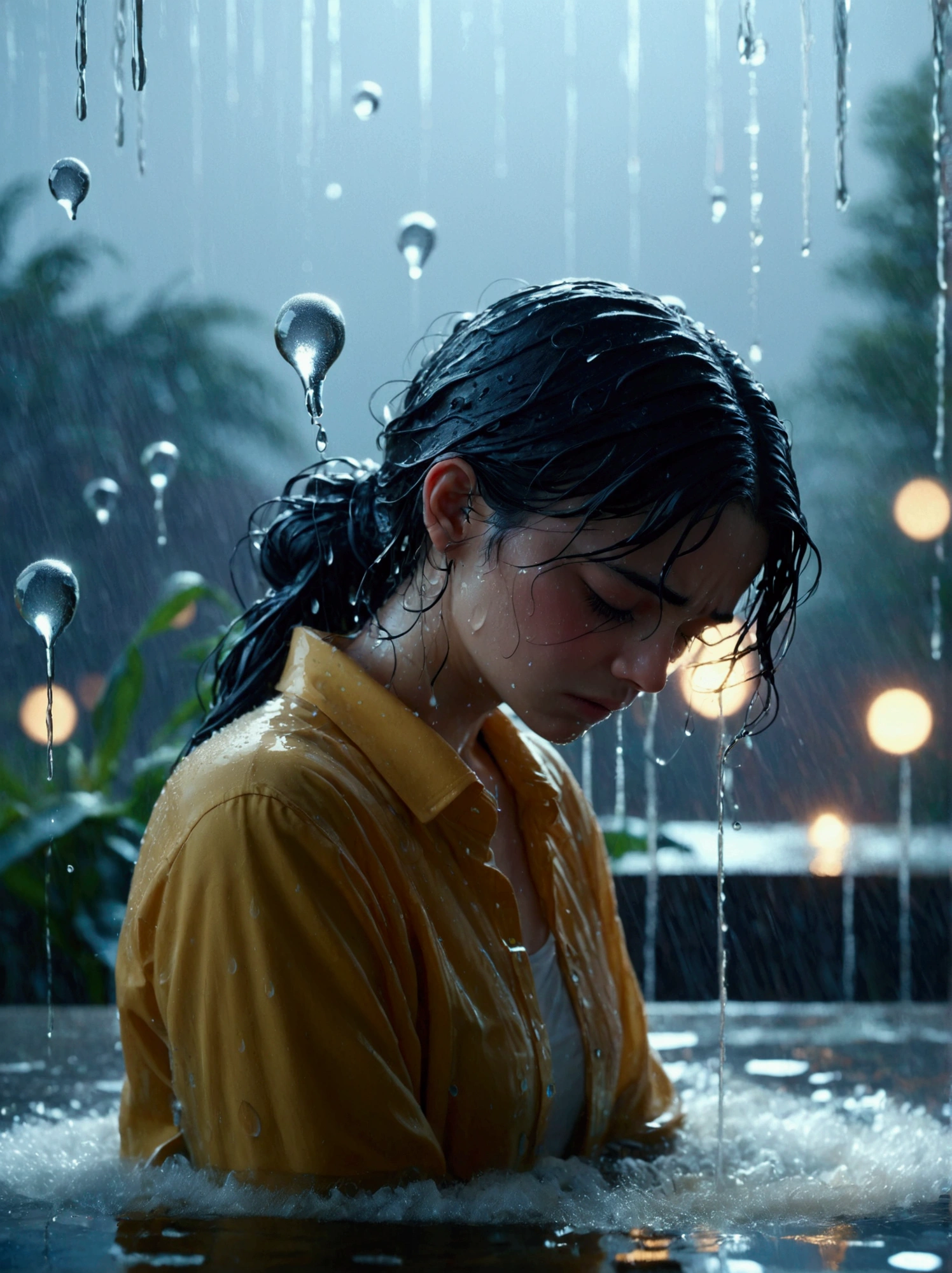 An image of a person showing despair with large water droplets splashing dramatically in the background. The individual is depicted in a posture of sadness, their head bowed slightly and their eyes brimming with tears. The backdrop is a tableau of elemental energy, with water droplets caught in mid-air, glinting, and creating an atmospheric setting.