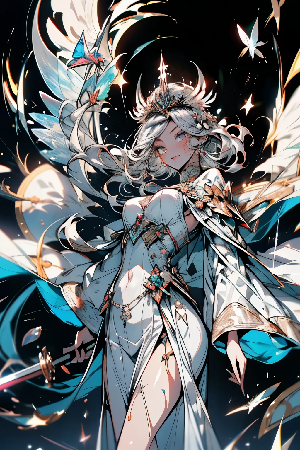Beautiful Empress, crystal clear skin, Beautiful appearance, Her eyes are full of wisdom, As if seeing through everything in the world, Wearing a gorgeous white robe, Holding a long sword, The robe flutters in the breeze,Silver hair flutters in the wind, The white robe perfectly outlines the graceful figure, Personable、Country style, Like a flawless fairy, Large Breasts, (8K, RAW photos, Reality:1.25) ,( Lip Gloss, eyelash, Shiny face, Smooth skin, best quality, Ultra-high resolution, Depth of Field, Chromatic Aberration, Caustics, Wide-angle light, Natural shadows, Korean Idol) whole body,