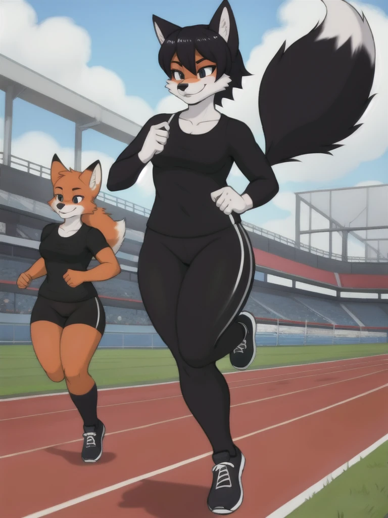Furry, fox, female, black shirt, black leggings, shoes, running track, friends, full body