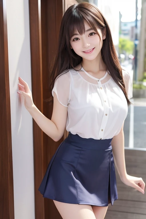 Japanese、One girl、Age 25、(Big Breasts)、tits、White skin、cute、Smile、Narrow waist、Beautiful feet、Thin legs、slender、Chiffon blouse、(mini skirt)、((Tight Skirt))、sunny