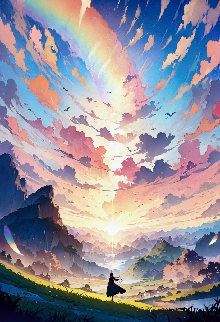 anime, anime digital art, Flat Design, (Masterpiece: 1.2), high quality, high resolution, very detailed, (incredibly absurd: 1.2), Rest, bird with rainbow feathers, Background, there is 1 guy from a distance who is colorful, beautiful light effects, fantastic view

