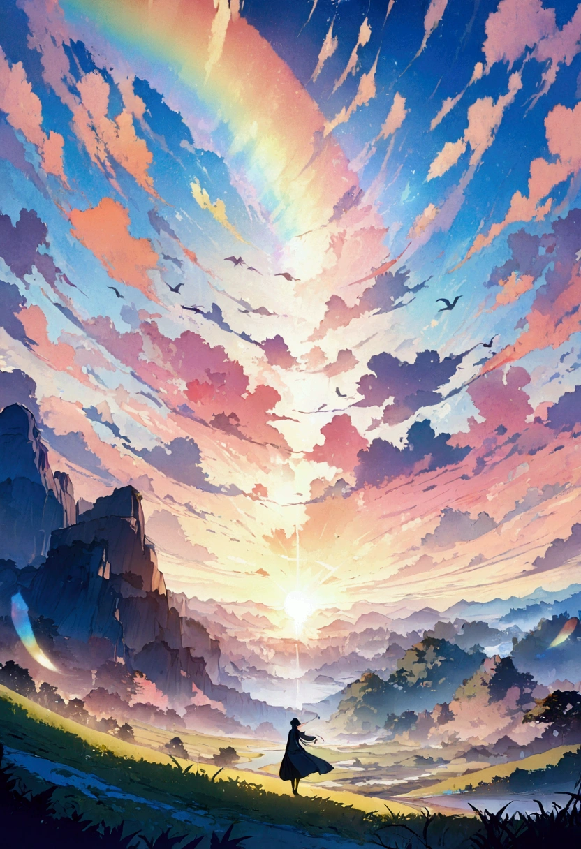 anime, anime digital art, Flat Design, (Masterpiece: 1.2), high quality, high resolution, very detailed, (incredibly absurd: 1.2), Rest, bird with rainbow feathers, Background, there is 1 guy from a distance who is colorful, beautiful light effects, fantastic view

