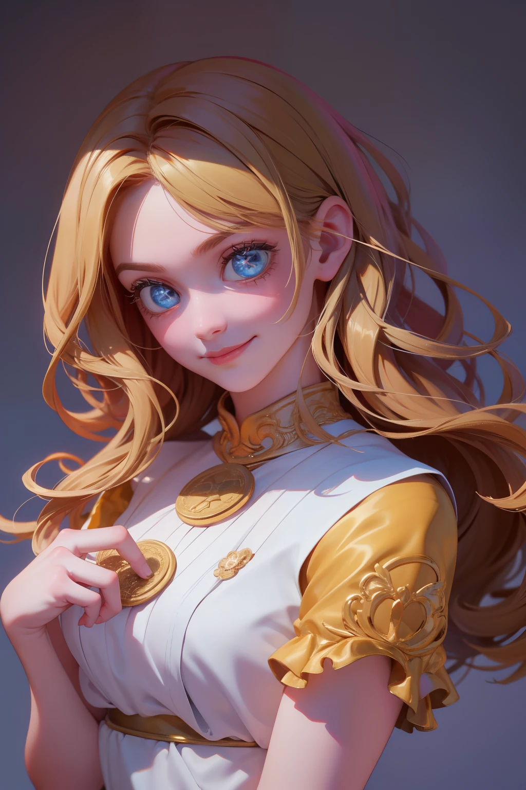 best quality, masterpiece, 1girl, intricate details, raw photo, ultra detailed, golden coins, holding a smartphone, cute girl, blonde hair, perfect detailed and blue eyes, smiling, HD quality, 8K, best quality, extremely detailed, very realistic, cute, long hair, standing, posing, no background, sharp focus, depth of field, UHD, cute dress, white background