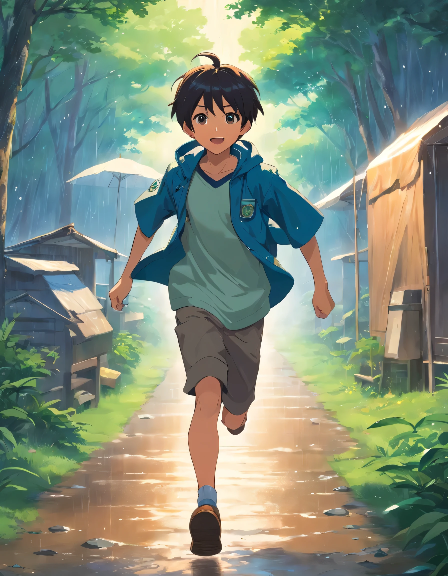 Costume planning theme rainning\ return to dust , a boy in the camp land , wearing a scout shirt and raincoat outside, running happily . There is 1 hut