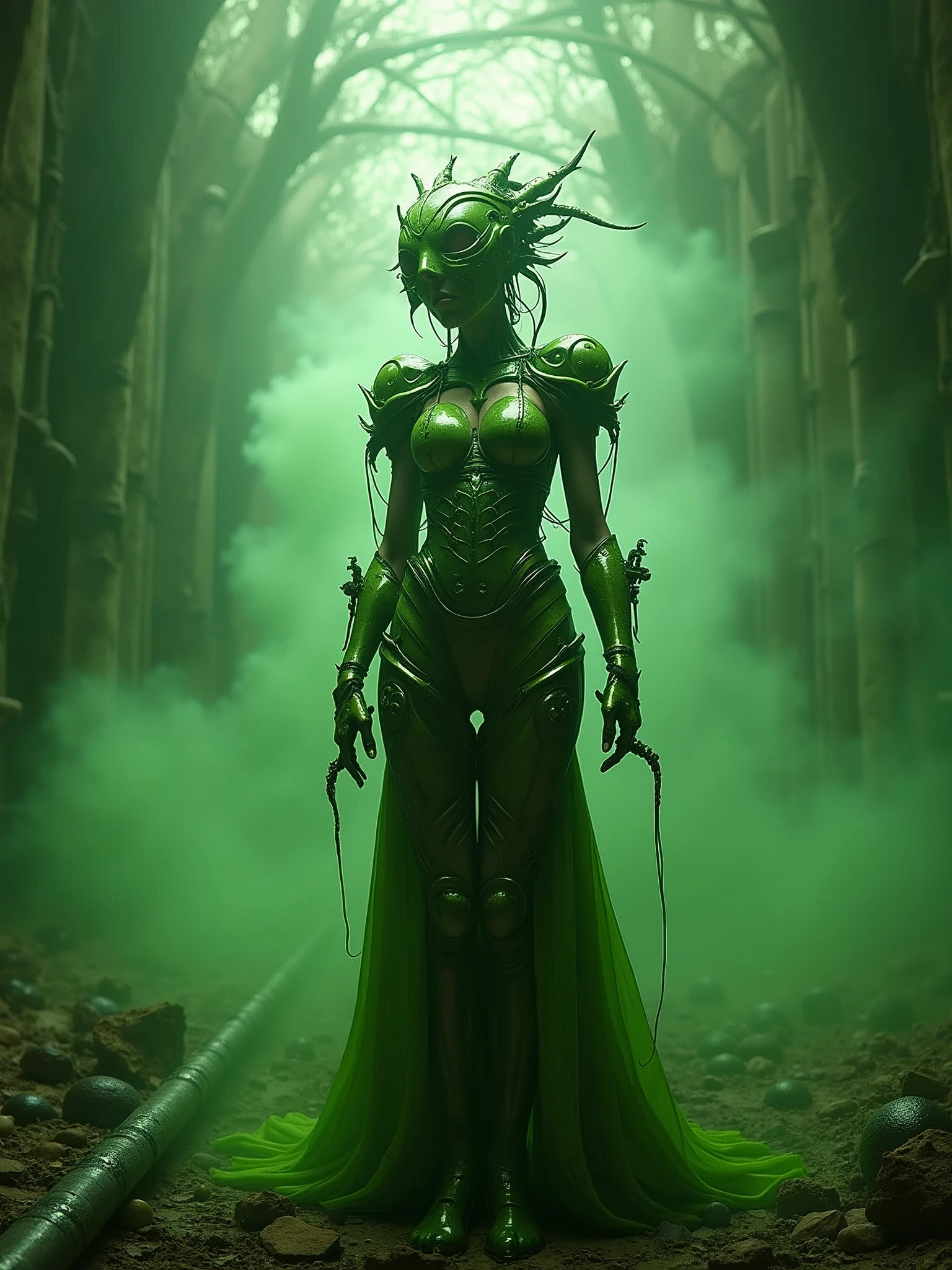 a woman that is standing in a room, nvidia promotional image, symbiote, inspired by Víctor Manuel García Valdés, nuclear fungus, miraculous ladybug, pripyat, the mask is broken, tracer, green mist, biomechanical dress, turbulent