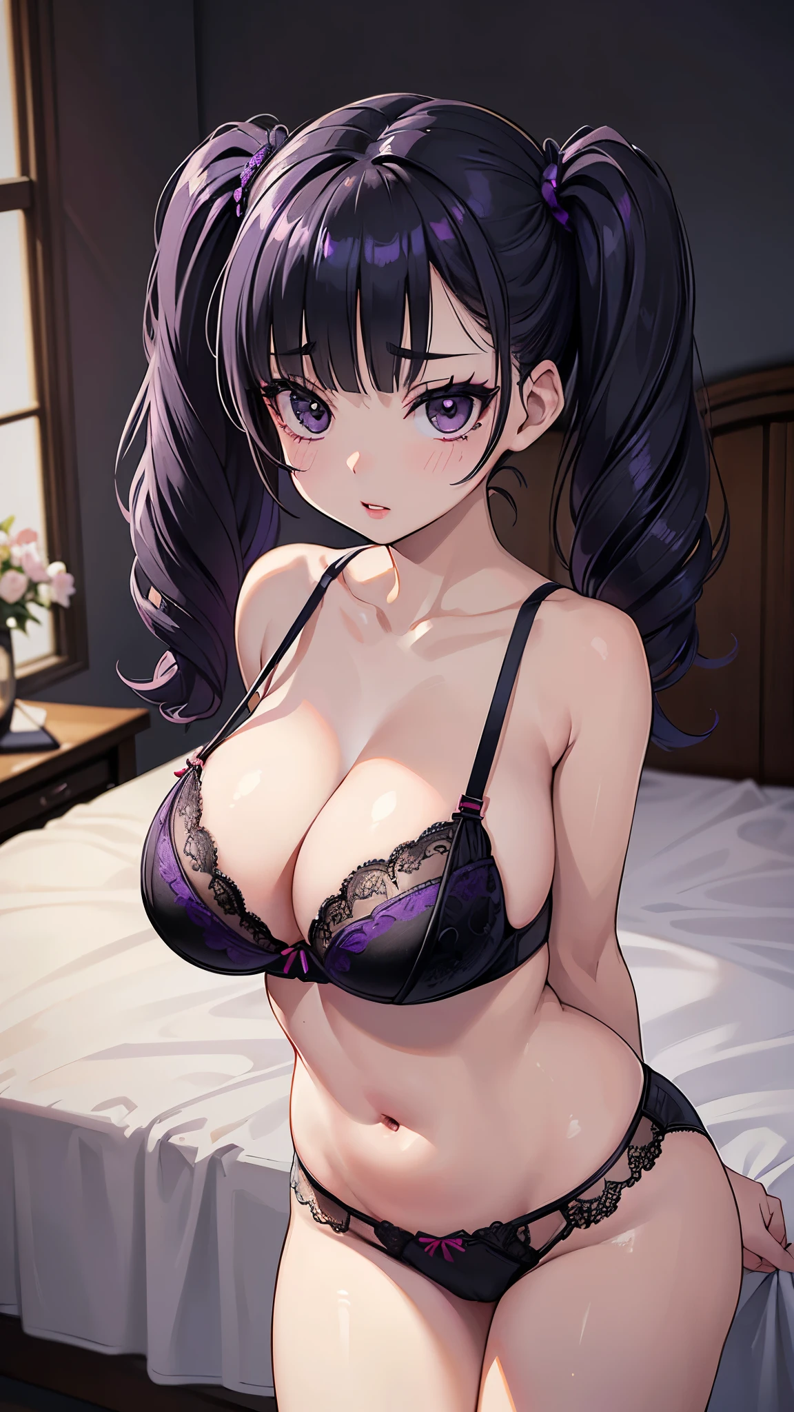 ((masterpiece、Highest quality、Very detailed))、One Girl、Black Hair、Medium Hair、twintails、blunt bangs、Pink eyes、evil smile、((Grin))、Earrings、Large Breasts、curvy、((black bra))、((Plump belly))、((black thighhighs))、((Sit on the bed))、((spread legs:1.2))、((black panties))、Shoot from below、((Dim Bedroom Background))
