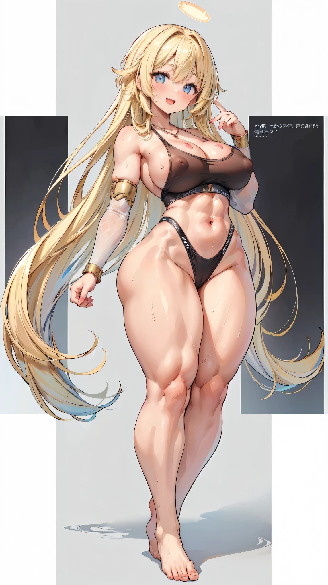 Very detailed、Highest quality、Best image quality、masterpiece、8k、(shoulder-length blonde hair:1.5、Medium Long Hair)、(smile、Open Mouth) 、(Hilarious)、(Big eyes)、(Beautiful and shining eyes)、(Detailed anime eyes)、(Puffy eyes)、(Big Breasts、topless:1.5、only breasts are in full view :1.5、bare breasts:1.5 、bare nipples:1.5、 thick nipples、erection of nipple、pepperoni nipple、necklace)、((SFW Huge Body))、(Black highleg panties)、(Full body portrait、Standing posture、foot、barefoot)