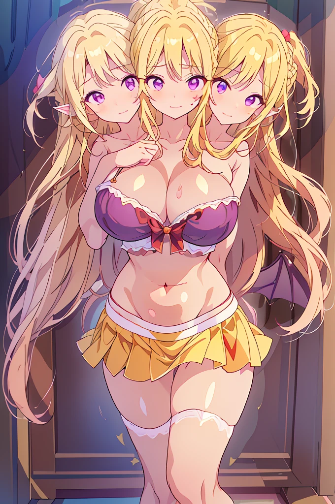 (masterpiece, best quality), best quality, (ultra-detailed), (3heads:1.5), 1girl, (elis:1.3), masterpiece, best quality, ultra quality, ultra resolution, ultra detail, white top, crop top, ((stomach)), midriff, ((groin)), red skirt with strange purple markings along its hem, miniskirt, normal ears, midriff, blonde hair, very long hair, wavy hair, smiling, smirk, smug, purple eyes, parted lips, sweat, cute, toned belly, hand on own chest, eyelashes, (25 year old woman:1.3), (masterpiece:1.5), (best quality:1.5), (beautiful detailed), extremely detailed CG, extremely delicate and beautiful, depth of field, (finely detailed face), (perfect details:1.2), (mature female:1.3), wide pelvis, slender, large veiny breast, 16k resolution, highres, very high quality, very high definition, extremely detailed, masterpiece, blonde long hair, alluring presence, twin braid, short skirt, close up, very big tits, huge tits, young, red bow, purple bat wings, nsfw, open belly, ((blonde))