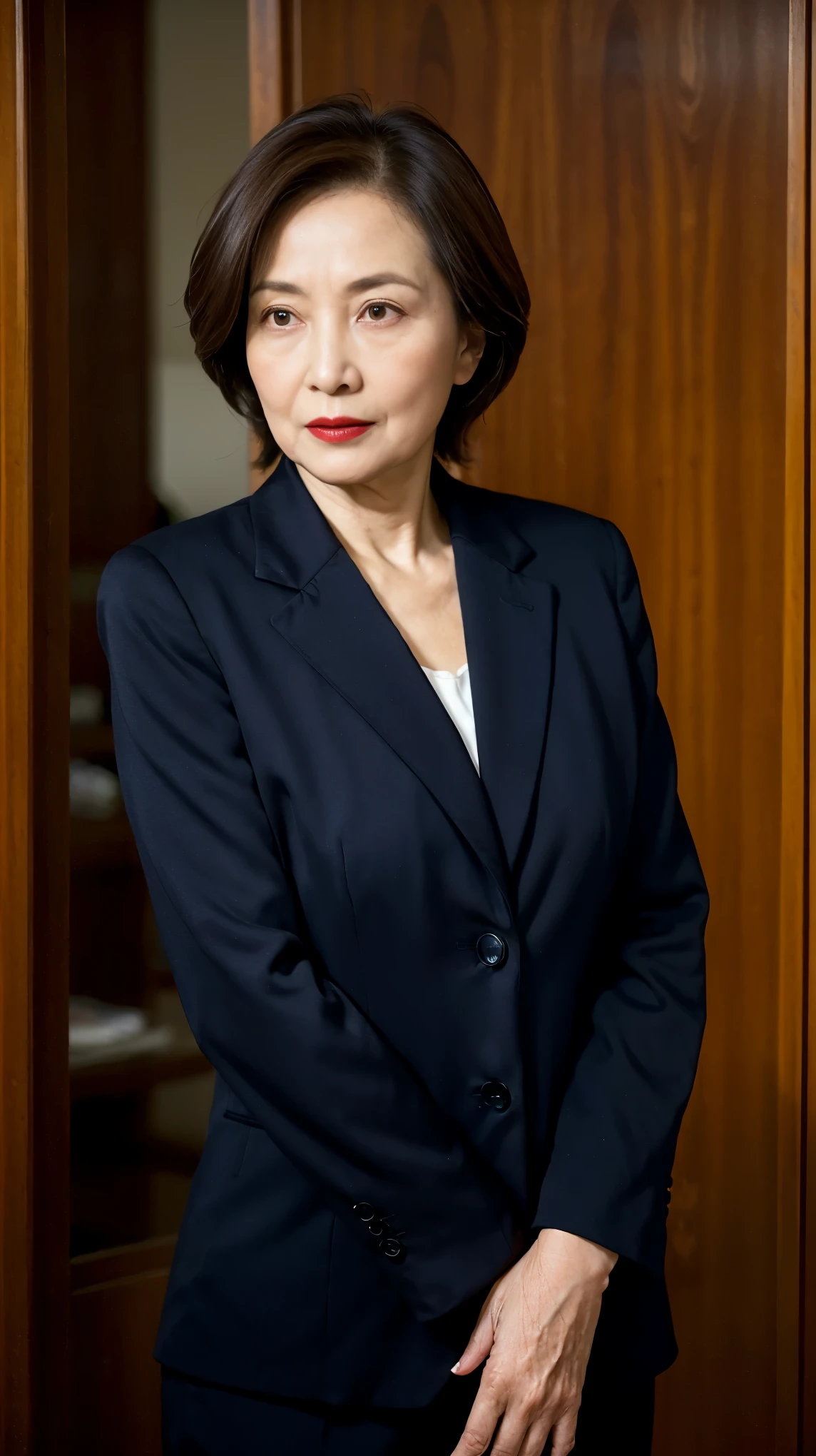 masterpiece, ((Depth of written boundary)), 32K, Beautiful finish, Face close-up, Beautiful mature woman, 65-year-old woman, Photo of your ID, Business Person, ceo, View from the front, Aunt, A disdainful look, Cool look, Red lips, Thin lips, suit, Light from the front,