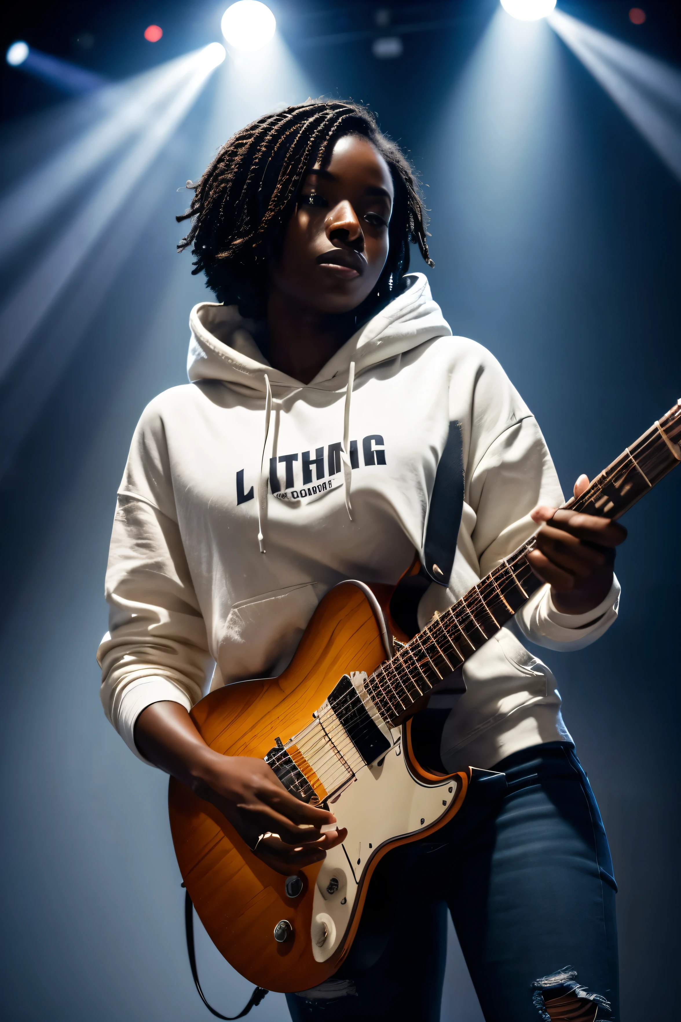 A Darkskin black woman playing Guitar dressed in a white hoodie and ripped jeans. Dramatic environment like a stage with small beams of light crossing the ceiling reaching her. (Don't sensualize her)