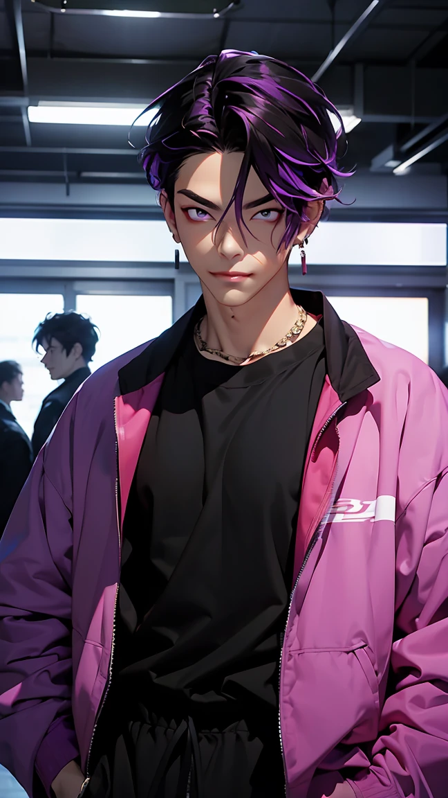 Highest quality, 8k, High-resolution images, Anime Style Jujutsu Kaisen, (Iori_suiseki), Fine strokes, Bored look , Blurred, The purple light reflecting off, 1 person, young, male, model, Put your hands in your pockets, かっこいいmale, multicolored background with various geometric shapes, Around the sticker, Muscular,Black Hair, Purple eyes, Multicolored Hair, Purple Hair, Hair between the eyes, highlighted hair ,my chest is swollen,  Black jacket, Sweat pants, background: Metropolis, He is in the sports department., Sports fans are everywhere, ((Upper Body))