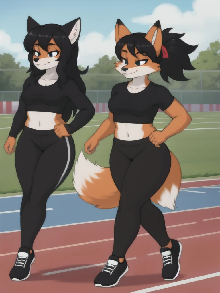 Furry, fox, female, black shirt, black leggings, shoes, running track, friends, full body