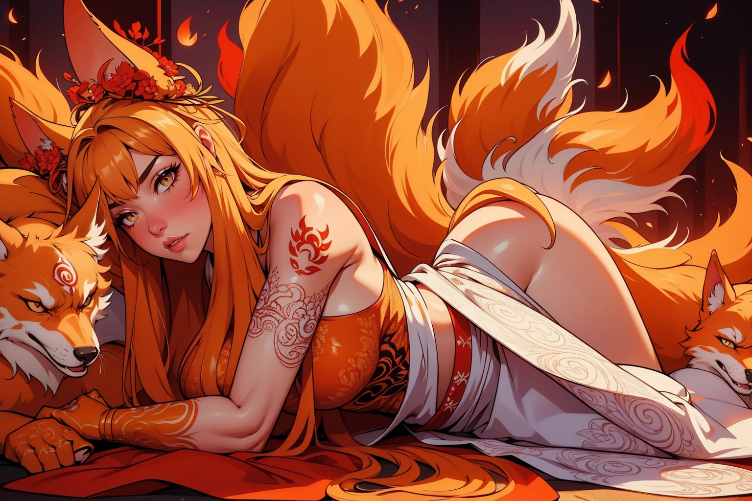 REALISTIC VISION 1.4, BETTER VAE,sharp focus, ultra detail, 32k,realistic photo, intricate details, kitsune, blond hair, (blond hair), orange eyes, intricate details ,woman, nine tails, intricate details,intricate details,big , Voluptuous body, intricate details, Miko, clothes long white dress with red details intricate details, tattoos intricate details, full body, with a orange nine tails fox , kiuubi (kurama, naruto), angry face, laying on the ground