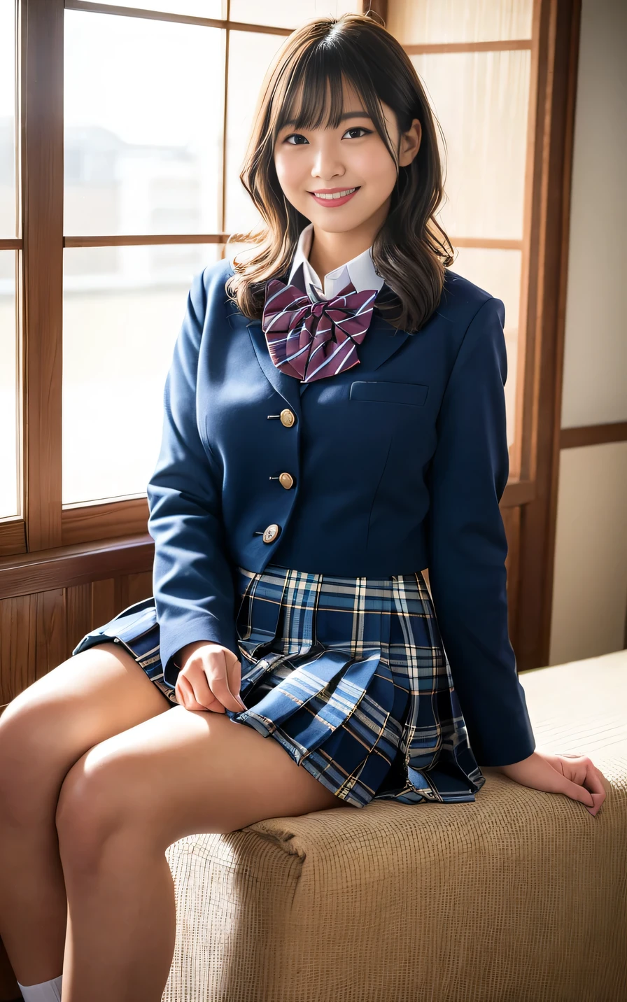 ((Brown Skin, Mature)), (Japan School uniform, bow-tie, Navy blue mini plaid skirt, Student white callored shirt:1.3), whole body:1.3, hightquality, ultra high resolution, (Photorealsitic:1.4), Japanese, (Beautiful:1.1), (20 year old:1.3), (photorealistic photos:1.2), in 8K,  (solo, one person:1.5), A smile, Behind the photo, Bangs straight, A big smile, wavy hair, Thick thighs,Sitting, Urban area, 