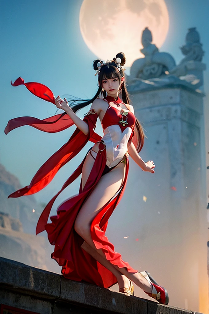 The fiery red clothes are tied tightly around the body，Outline the graceful body to the fullest，Looks good，Graceful posture，Two jade-like arms were exposed，Two silver bracelets were draped over his silky mutton fat wrists，White skin，Slender，Willow waist and buttocks，She wears a pair of jade shoes，Ten delicate and small toes are playfully exposed。
Phoenix eyebrows like the moon，A pair of bright eyes hooked the soul，The watery one seems to contain a thousand flavors，Pretty Qiong nose，Exhaling cherry lips，The white cheeks are very beautiful。
Weak posture，It's like a willow，A breeze blows，It seems to break her。There is a tear mole the size of a grain of rice under the corner of the eye，It's even more feminine。She was standing in mid-air，There is a faint flush on the cheeks，It's a reverie。