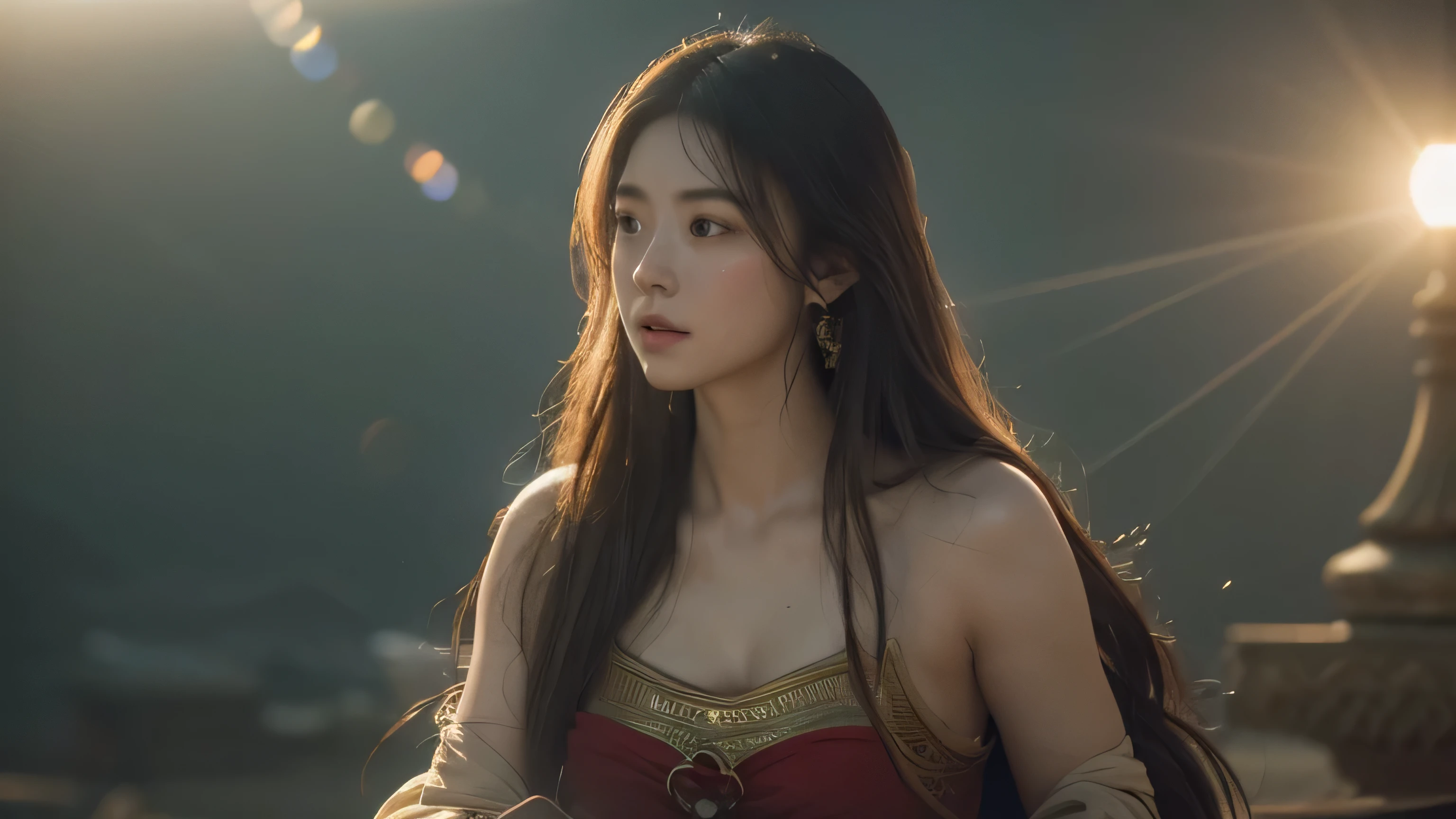 (RAW photos, best quality), (Practical, photo-Practical:1.3),best quality,Very detailed,masterpiece,Extremely detailed,illustration,1 Girl,superior_Body,Dynamic Angle,world masterpiece theater,messy_long_hair,best quality,Extremely detailed CG unity 8k wallpaper,ink,Astonishing,Movie Lighting,lens_Flare, Dunhuang_style