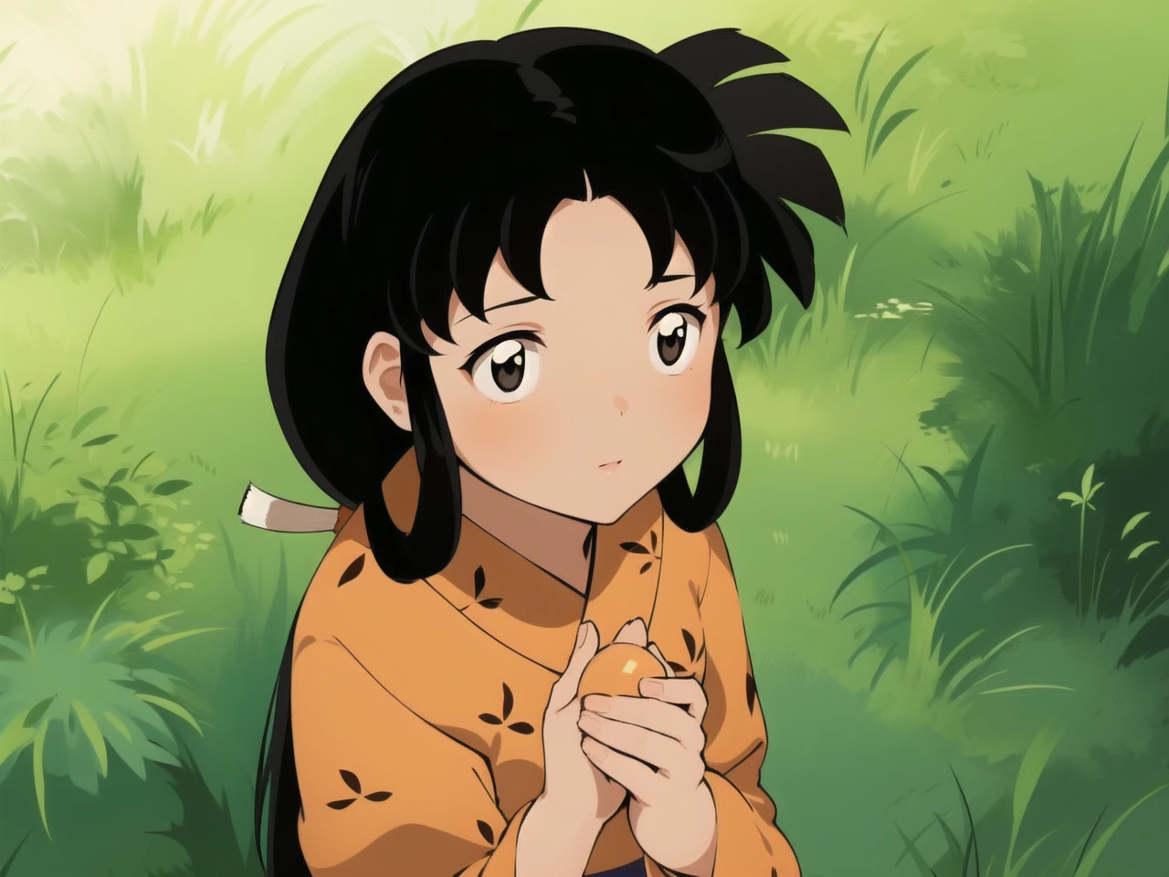 A beautiful girl in a yellow kimono, a beautiful bangs, carry some arrows, is called ((kaede)) Kikyo's sister
