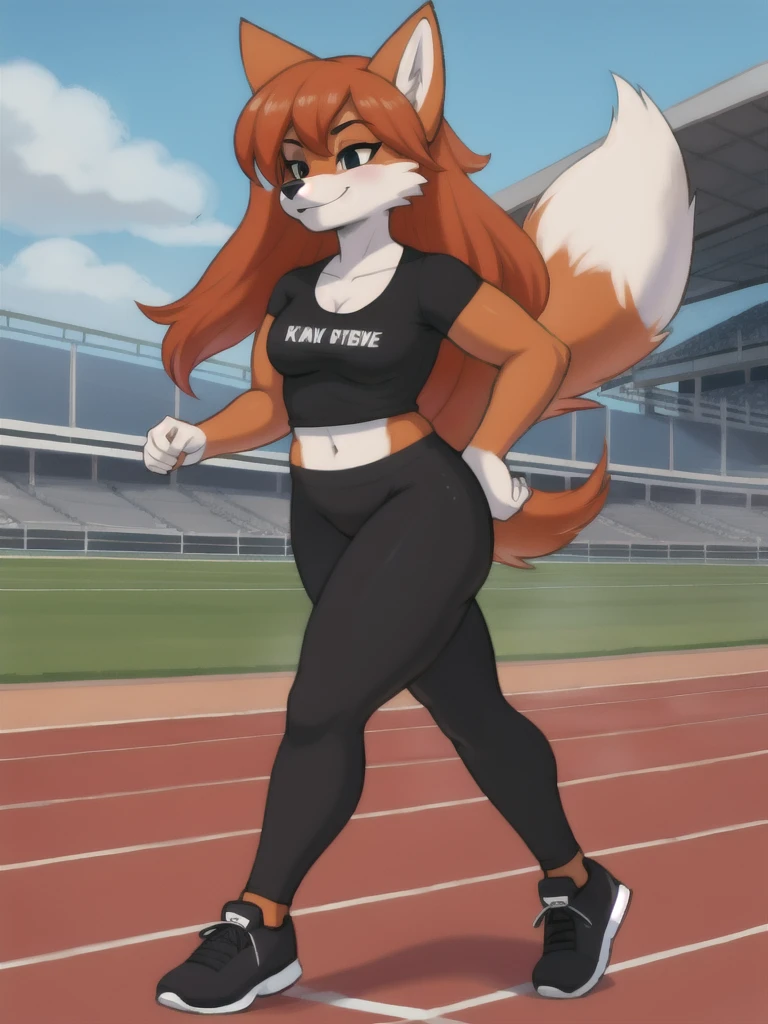 Furry, fox, female, black shirt, black leggings, shoes, running track, friends, full body