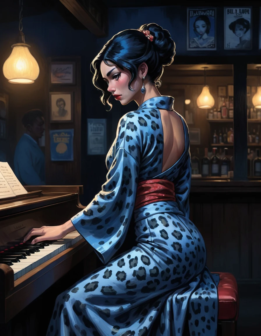 obert johnson, gritty, alabama bar, blue note, charismatic , leopard skin dress, illustration, noir fantasy, lone lady, sad ending, japanese kimono woman pianist blues bluesmusic blues bar sad feeling dark moonlight