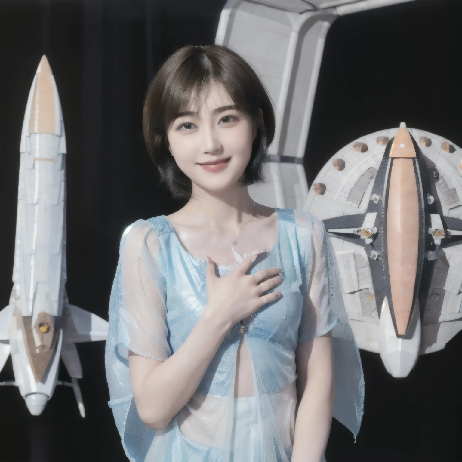 268 (20-year-old princess,Are standing), ((short hair:1.46)), (chest:1.46), Old-fashioned smile, (flower), (Spaceship:1.46)
