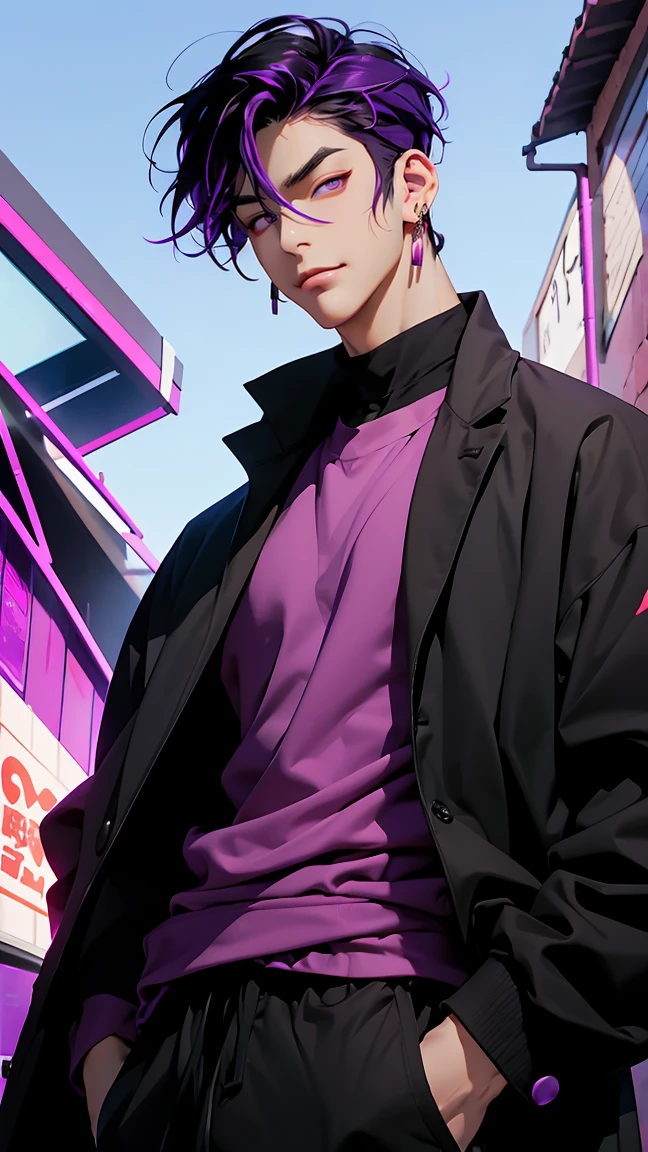 Highest quality, 8k, High-resolution images, Anime Style Jujutsu Kaisen, (Iori_suiseki), Fine strokes, Bored look , Blurred, The purple light reflecting off, 1 person, young, male, model, Put your hands in your pockets, かっこいいmale, multicolored background with various geometric shapes, Around the sticker, Muscular,Black Hair, Purple eyes, Multicolored Hair, Purple Hair, Hair between the eyes, highlighted hair ,my chest is swollen,  Black jacket, Sweat pants, background: Metropolis, He is in the sports department., Sports fans are everywhere, ((Upper Body))