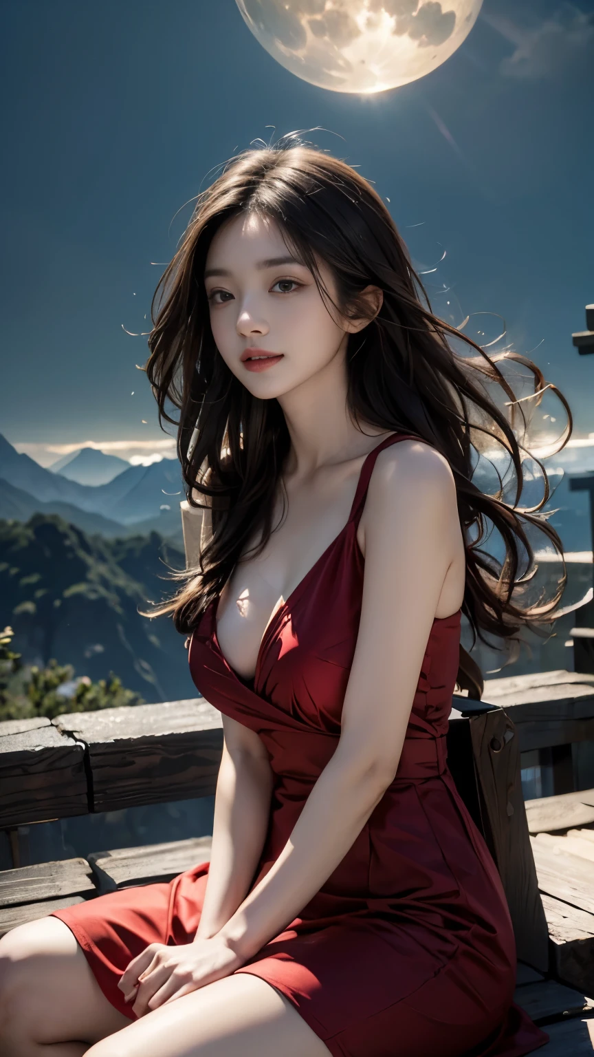
(logo、masterpiece、8k、Tabletop、RAW Photos、wonderful、最high quality、フォトリアルでVery detailedなCG合成8k壁紙、high quality、Very detailed、Narrative poem、Particle Effects、Dynamic Effects、Depth of the Boundary) What is written is、Cinematic Light、Lens flare、Ray Tracing）、Fantasy、（night、night空、Starry Sky、full moon）、（Girl looking up at the sky）、(Red dress)、sit、cute、Japanese style、(smile)、Long Black Hair、Strong winds、(Hair blowing in the wind)、Natural light、moonlight、(Horizontal photography)、(breast enhancement)、(Low position)、(Low - Angle)