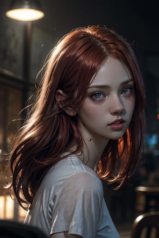 light red hair, vibrant blue eyes, pale white skin, portrait, rock clothing, band clothing, fine nose, thin chin, dark night scene, RAW color art with high detail., (detailed skin, skin texture), (muscle), intricate details, fine details, hyperdetailed, ray tracing, subsurface dispersion, soft and diffuse lighting, red and blue spotlight, por Jeremy Mann, Greg Manchess, Antonio Moro, trend in artstation, trend on CGSociety, Intricate, High detail, sharp focus, Dramatic, photorealistic Midjourney painting, background bokeh, pub, Best Quality, masterpiece, only 1 girl, fullbody portrait, dark atmosphere at night, look at the viewer, White T-shirt, blue jeans, night bar, country scene, thin girl