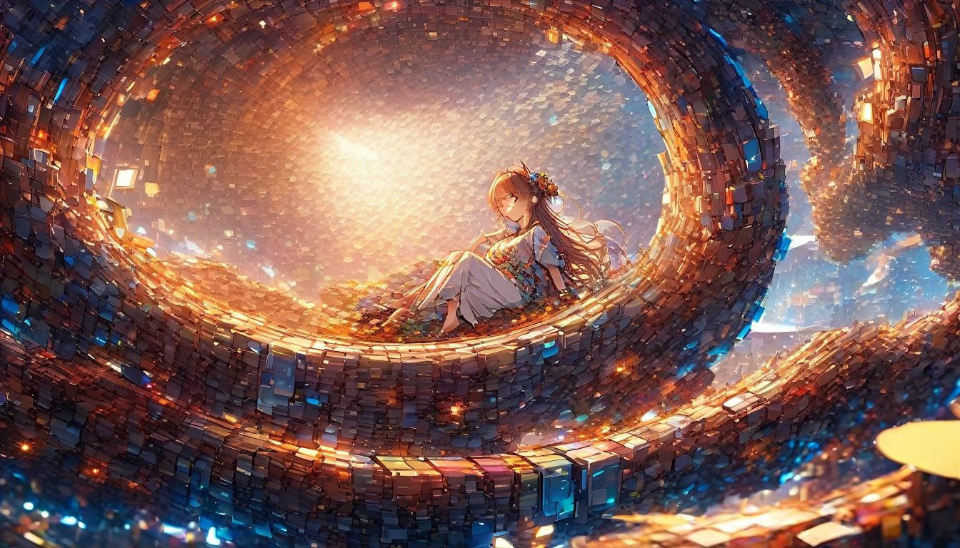 Scene background of a brown-haired girl wearing headphones relaxing in her favorite space：Quiet room with bookshelves：Relaxed and satisfied smile costume：Casual pajama pose：Leaning on the cushion、A relaxing scene：Spend some time relaxing in your favorite space
(Detailed fingers), (Emotional), (Breathtakingly beautiful), (whole body), (Anime Style), (Very detailed), (超High resolution, High resolution), (8k), (Complex and beautiful: 1.2)
