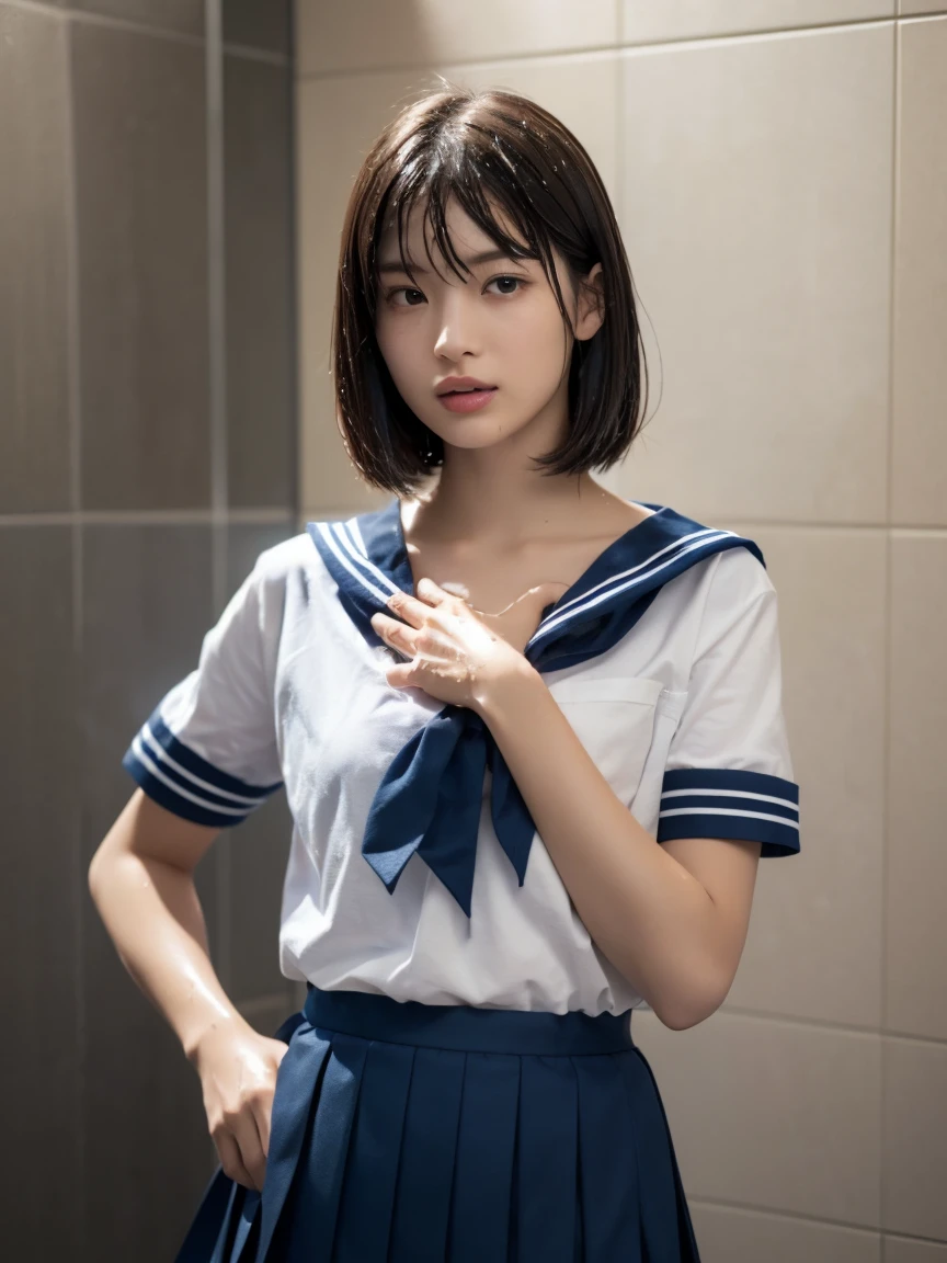 (masterpiece:1.2), Very detailed, Ultra-high resolution, (Realistic, photo Realistic:1.6), High-resolution RAW color photos, Professional photos, Sharp focus:1.2, (Very detailed顔と肌の質感, Very beautiful eyes, Glossのある肌, Glowing Skin, Glowing Skin, Shining Face, Gloss, Oily skin, greasy face, Oily skin, greasy face,),, (real Glossのある肌 texture), Perfect Anatomy, Very detailed背景,(shower room),((1 female)),25-year-old woman, Japanese women,height: 168cm,(short hair, Straight hair, bangs, Brown Hair),(Flat Chest:1.6),(Wet in the shower:1.3),(Slim, thin legs), ((((Short Sleeve White Sailor School Uni形状、Navy blue pleated skirt:1.5)))