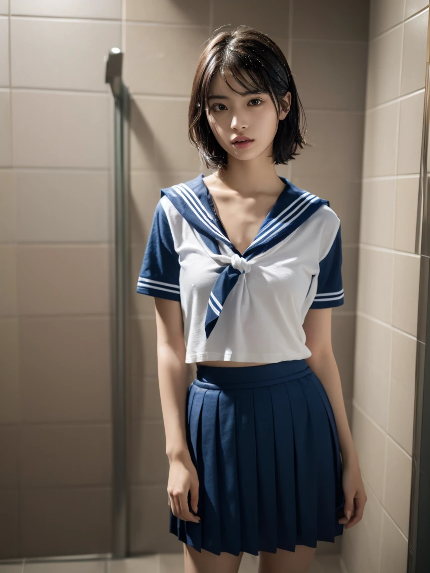 (masterpiece:1.2), Very detailed, Ultra-high resolution, (Realistic, photo Realistic:1.6), High-resolution RAW color photos, Professional photos, Sharp focus:1.2, (Very detailed顔と肌の質感, Very beautiful eyes, Glossのある肌, Glowing Skin, Glowing Skin, Shining Face, Gloss, Oily skin, greasy face, Oily skin, greasy face,),, (real Glossのある肌 texture), Perfect Anatomy, Very detailed背景,(shower room),((1 female)),25-year-old woman, Japanese women,height: 168cm,(short hair, Straight hair, bangs, Brown Hair),(Flat Chest:1.6),(Wet in the shower:1.3),(Slim, thin legs), ((((Short Sleeve White Sailor School Uni形状、Navy blue pleated skirt:1.5)))