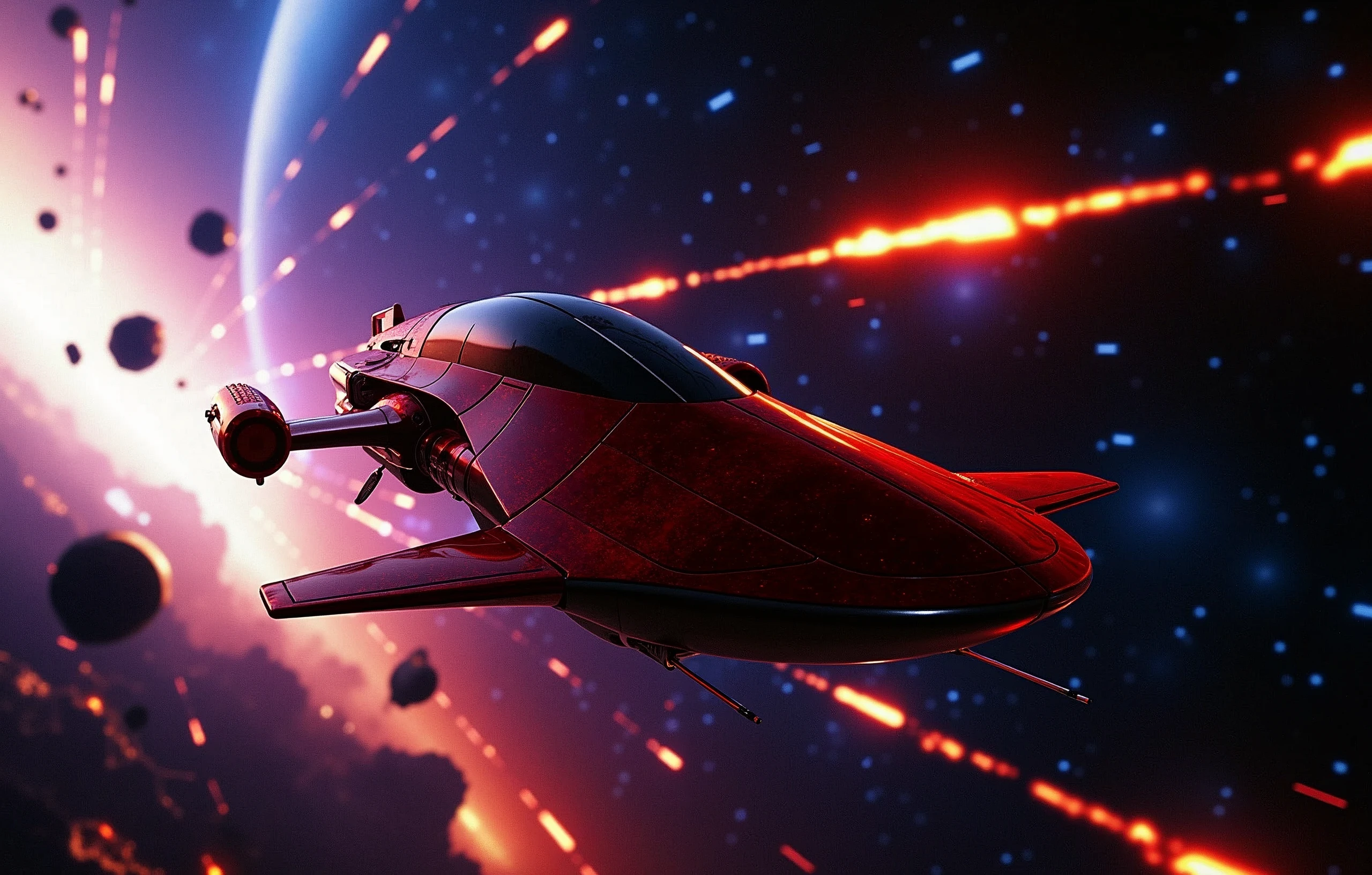 A crimson spaceship, a marvel of engineering, zooms through the void, fleeing the catastrophic aftermath of an exploding planet. The once-blue world now blazes with a fiery intensity, its destruction illuminated by light rays that seem to emanate from the very core of chaos. Amidst this apocalyptic backdrop, asteroids streak across the frame, their burning trails leaving glowing contrails in their wake. In the distance, blue stars twinkle like diamonds against the blackness, a celestial reminder of the vastness and beauty of space. The spaceship, a masterclass of Futurism-inspired design, hurtles forward with incredible velocity, its red and black hull glistening with speed lines and motion lines that evoke a sense of dynamic tension. Cinematic lighting casts a dramatic glow on the scene, bathing all in an otherworldly radiance., Futurism, modern, Hyperrealism, speed lines, cinematic lighting, glowing light, motion lines, retina, accurate, masterpiece, super detail, high quality, award winning, highres, 4K, 8k, 16k