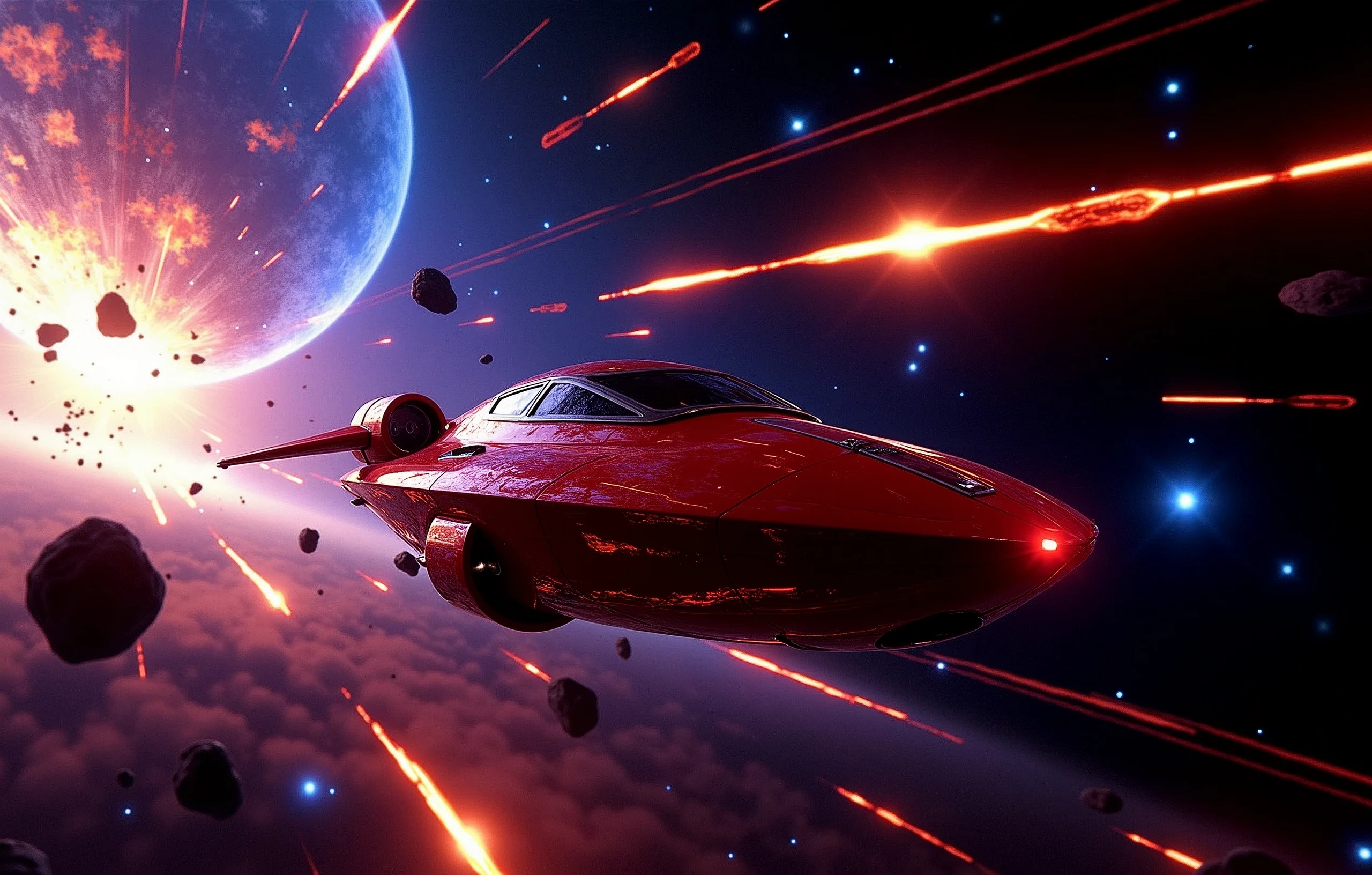 A crimson spaceship, a marvel of engineering, zooms through the void, fleeing the catastrophic aftermath of an exploding planet. The once-blue world now blazes with a fiery intensity, its destruction illuminated by light rays that seem to emanate from the very core of chaos. Amidst this apocalyptic backdrop, asteroids streak across the frame, their burning trails leaving glowing contrails in their wake. In the distance, blue stars twinkle like diamonds against the blackness, a celestial reminder of the vastness and beauty of space. The spaceship, a masterclass of Futurism-inspired design, hurtles forward with incredible velocity, its red and black hull glistening with speed lines and motion lines that evoke a sense of dynamic tension. Cinematic lighting casts a dramatic glow on the scene, bathing all in an otherworldly radiance., Futurism, modern, Hyperrealism, speed lines, cinematic lighting, glowing light, motion lines, retina, accurate, masterpiece, super detail, high quality, award winning, highres, 4K, 8k, 16k
