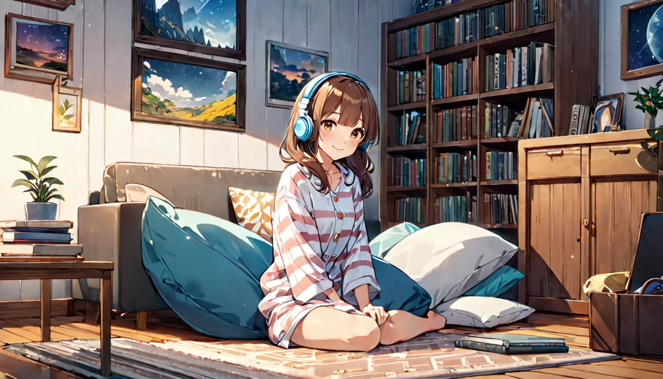 Scene background of a brown-haired girl wearing headphones relaxing in her favorite space：Quiet room with bookshelves：Relaxed and satisfied smile costume：Casual pajama pose：Leaning on the cushion、A relaxing scene：Spend some time relaxing in your favorite space
(Detailed fingers), (Emotional), (Breathtakingly beautiful), (whole body), (Anime Style), (Very detailed), (超High resolution, High resolution), (8k), (Complex and beautiful: 1.2)
