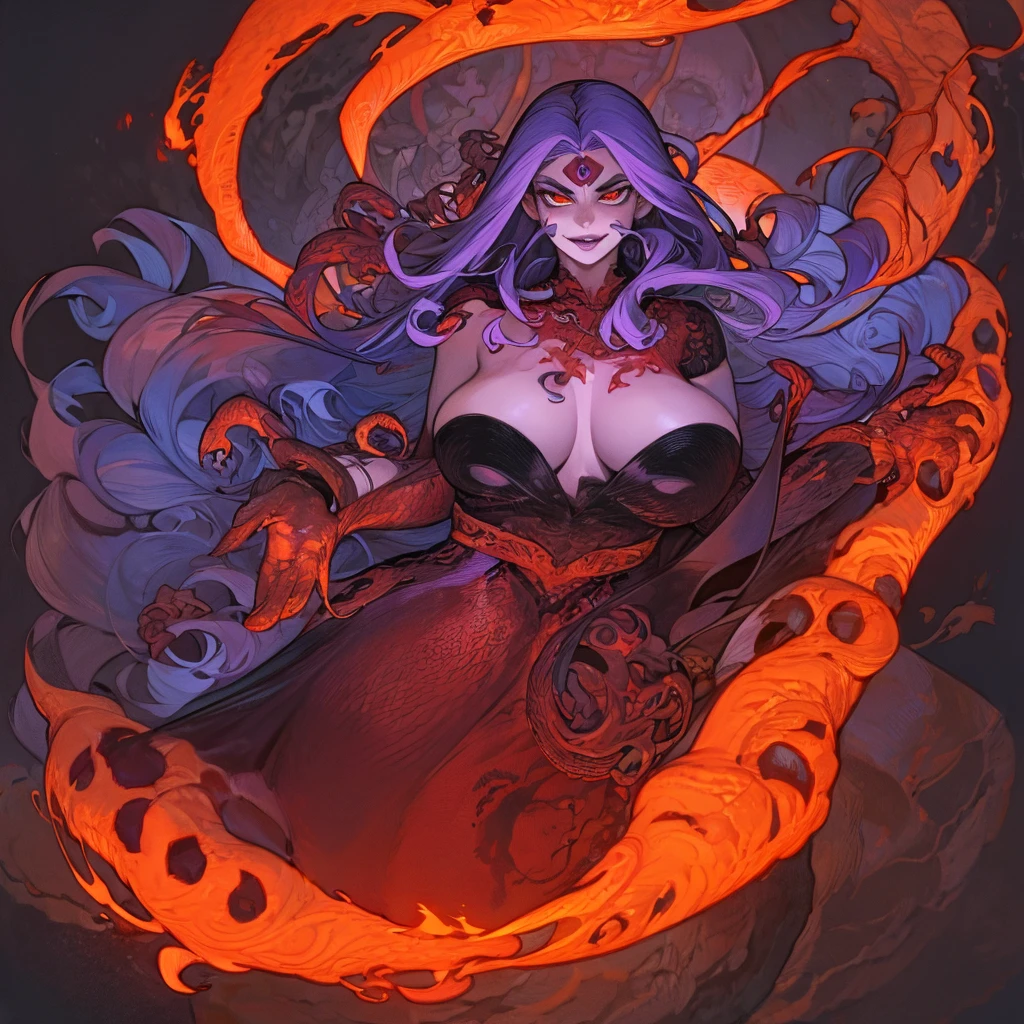 Woman body set large breasts(best quality, highres, ice skull:1.1), A girl with long billowing purple hair and a red cape, featuring a Dracula Orchid pattern. (best quality, ultra-detailed), (realistic), vibrant colors, intense lighting, lava-like texture, hauntingly beautiful composition, surreal atmosphere, contrasting dark shadows, mesmerizing glow, detailed facial features, flowing lava tendrils, fiery eyes, ethereal presence, intricate floral patterns, mysterious aura."