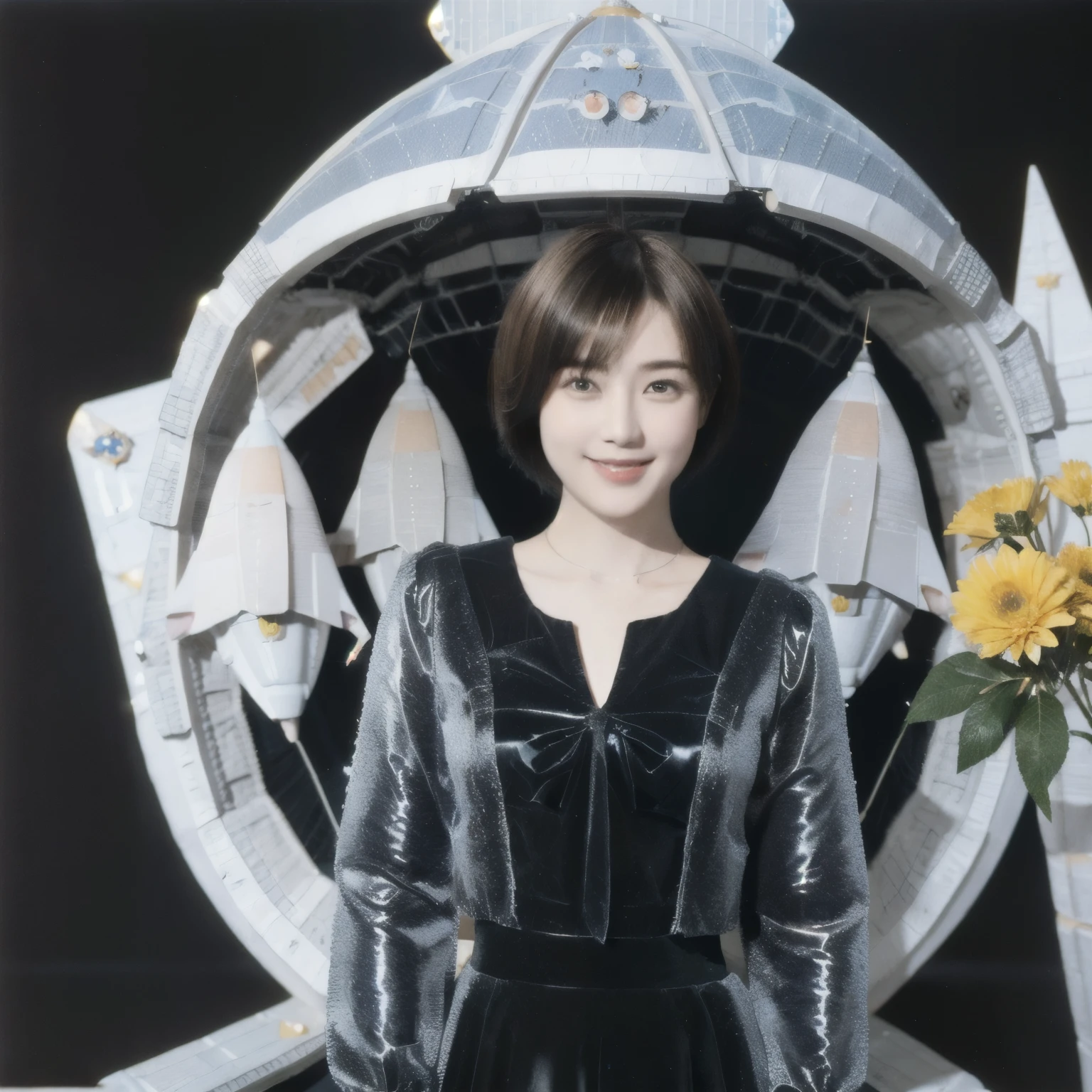 268 (20-year-old princess,Are standing), ((short hair:1.46)), (chest:1.46), Old-fashioned smile, (flower), (Spaceship:1.46)