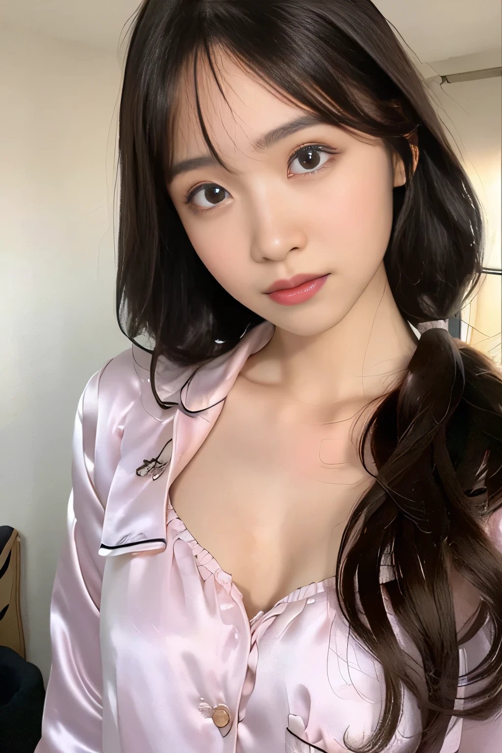 (masterpiece,best quality:1.4),(8k,raw photo,photo realistic:1.2),(shiny skin),detailed skin,detailed face,detailed eyes,Sparkling eyes:1.3,Symmetrical eyes,Detailed Background,detailed hand,1girl,natural make-up,((cute )),(cute Fancy room), natural breasts,young trendy hair,  ((Teen average breast)),(((Wacoal brand silk pyjamas,))), (very beautiful cute), (beautiful asian),, girl cute-fine-face,,Cute smile, (super detailed Wacoal brand design,trend),,upper body,nsfw,sexy Instagram style,((show bra)),face of the Golden Ratio