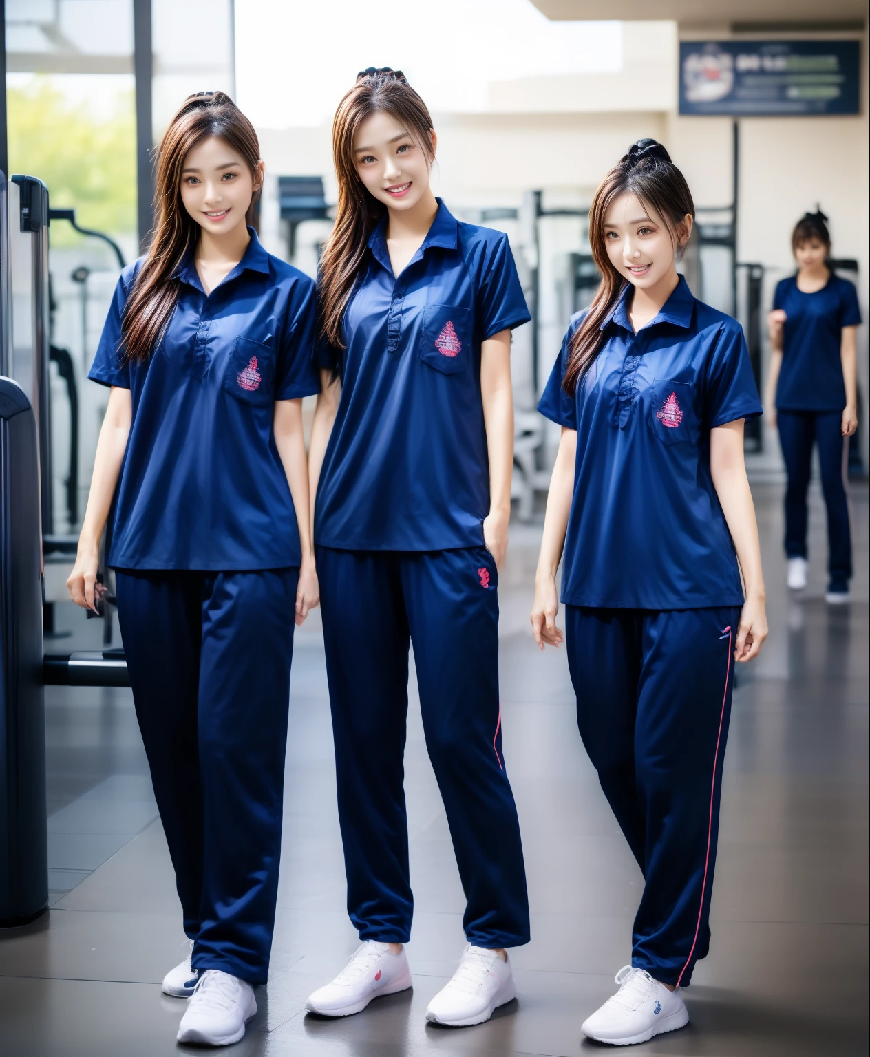 3 girls in fitness center, Navy blue short-sleeved shirt,Navy Long Trackpant,Sweatpants, Sweatpantsขายาว,25 year old girl, lesbian, sexy, exercise clothes, wet body, exercise clothes