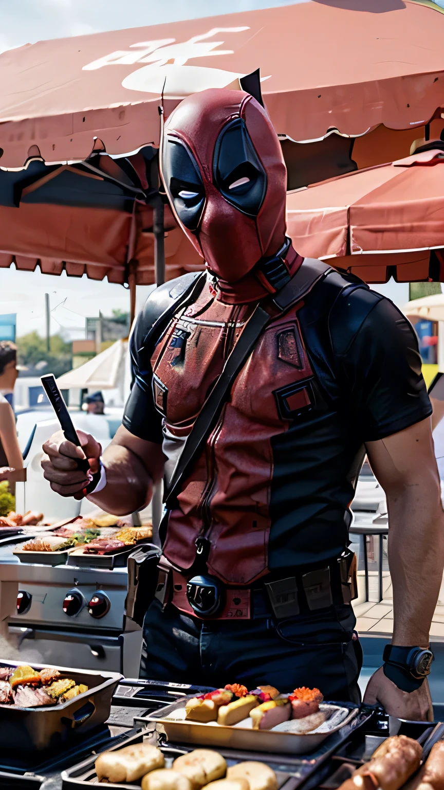 Under the clear blue sky of a bustling summer day, Deadpool - a guy wearing a typical red and black outfit, is standing behind a hotdog stand. His stand is decorated with colorful banners that read: "Deadpool's Hotdogs: Deadly Delicious!"

Deadpool is wearing a pure white chef's hat, which at first glance seems to not suit his style at all. He is grinning, his eyes behind the red mask shining mischievously. With a meat tong in hand, he is flipping fragrant hotdogs on the grill, the smoke rising up carrying the fragrant aroma.

A crowd surrounds the stand, everyone eagerly waiting for their turn. Deadpool keeps talking, joking with customers, even making funny jokes to make everyone laugh. He also performs some impressive acrobatic moves when transferring hotdogs from the grill to bread.

A  holds a hotdog he just bought, his eyes shining with happiness when Deadpool signs the bread. Behind him is a sign that reads: "Buy 1 Get 1 Free If You Can Make Me Laugh!" Deadpool continues to grill hot dogs and make jokes, turning his hotdog stand into a mini stage with a never-ending performance. What could be more fun than enjoying a delicious hotdog while laughing with Deadpool?