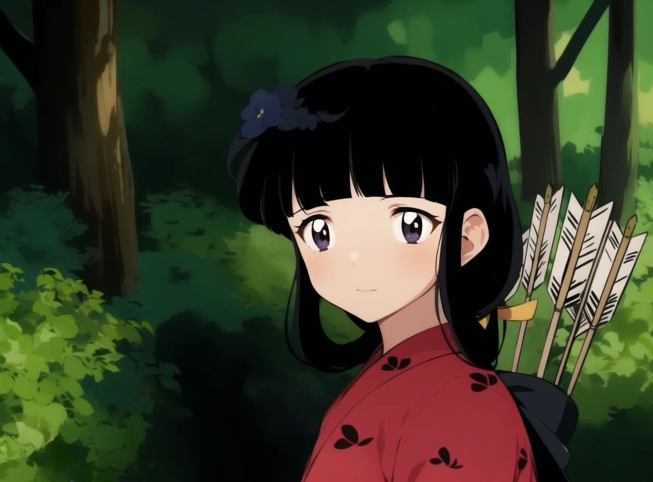 A beautiful girl in a yellow kimono, a beautiful bangs, carry some arrows, is called ((kaede)) Kikyo&#39;s sister