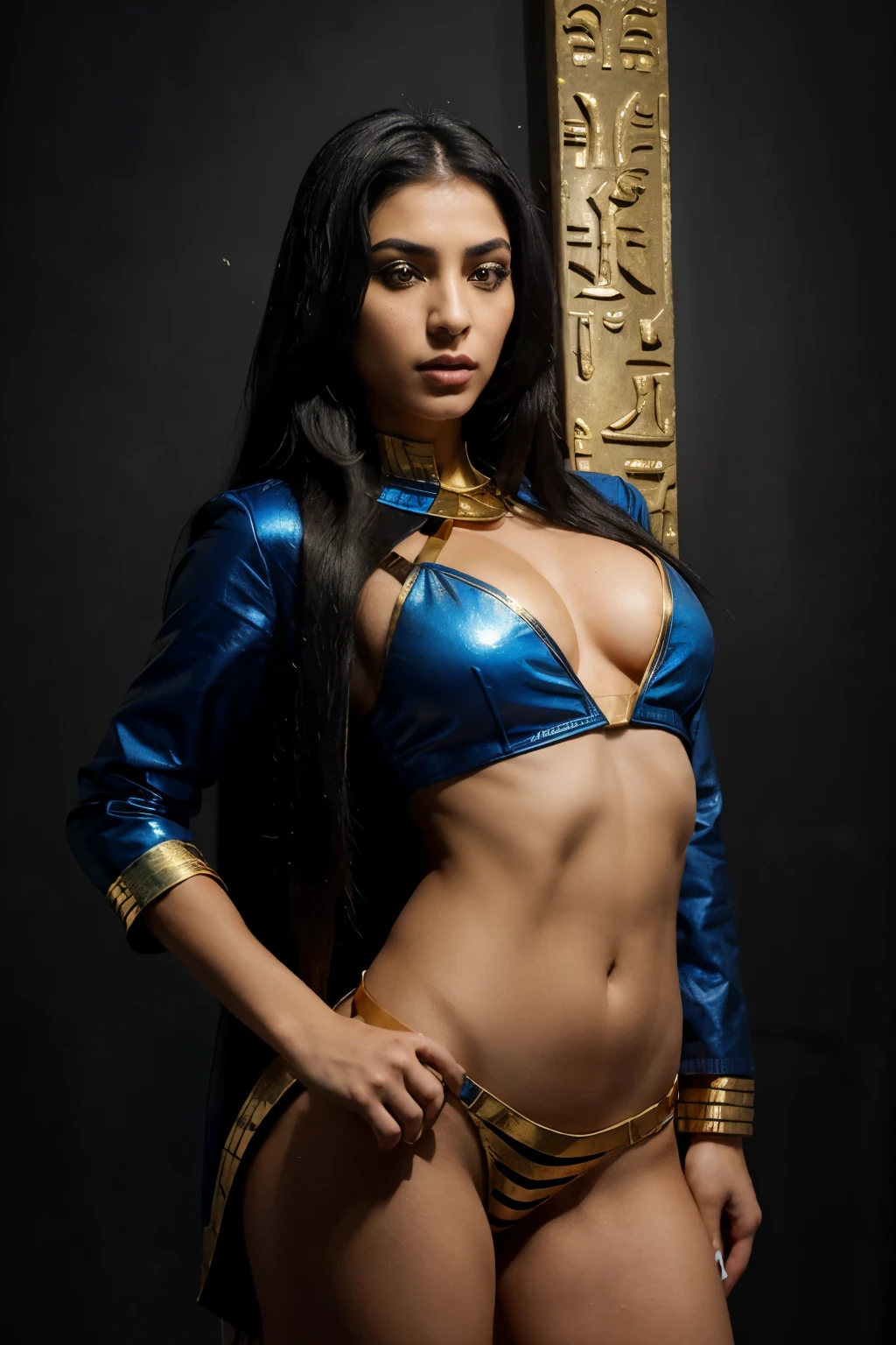 Sexy and sober fighting woman, professional wrestler, egyptian features, long straight black hair, blue jacket with gold stripes, Egyptian makeup, right arm in the form of a mystical weapon like an ancient bird