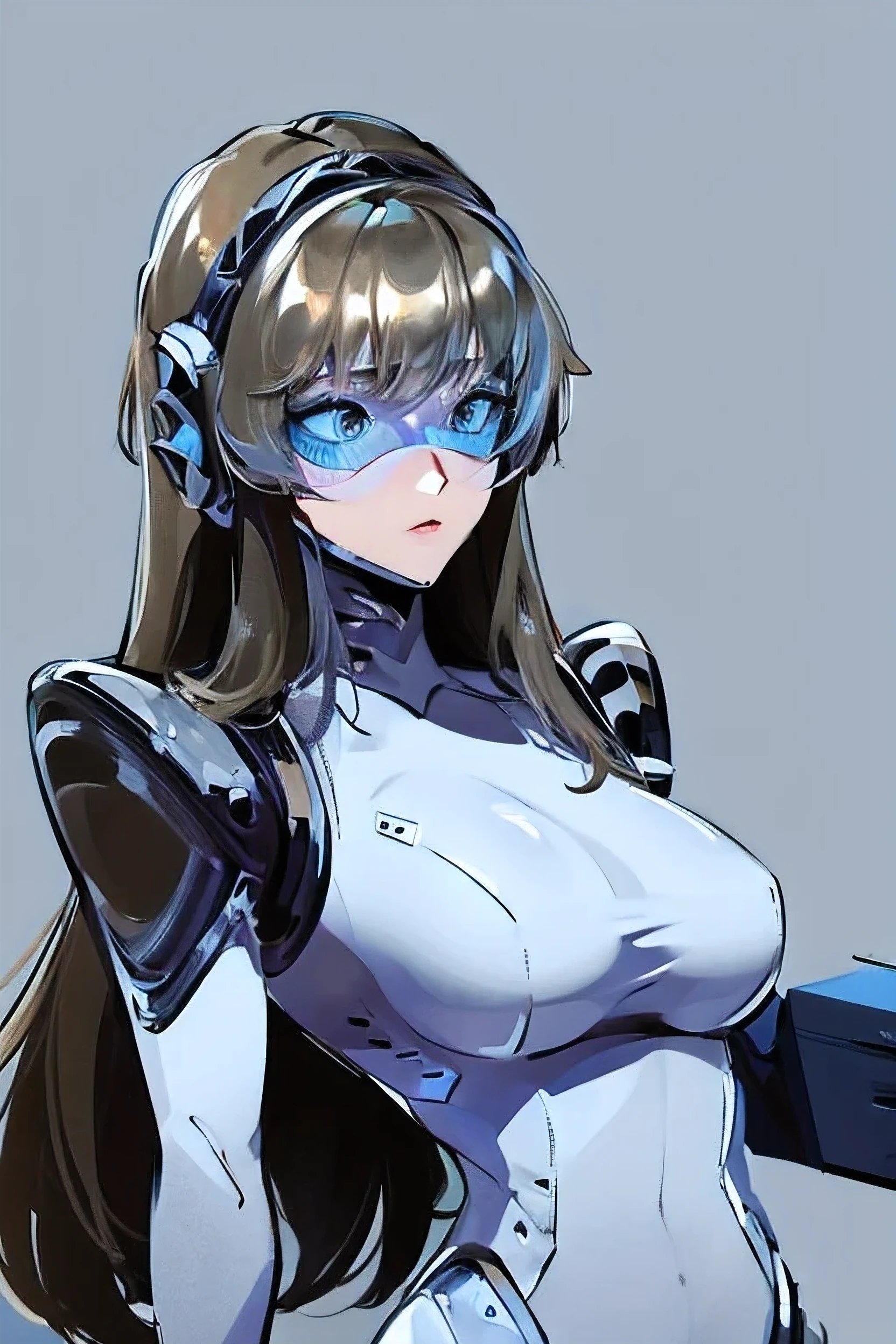 empty eyes,robotization,woman ,big bust,Robot Joint ,Metal skin,Black Suit,long hair,a suit that covers the whole body